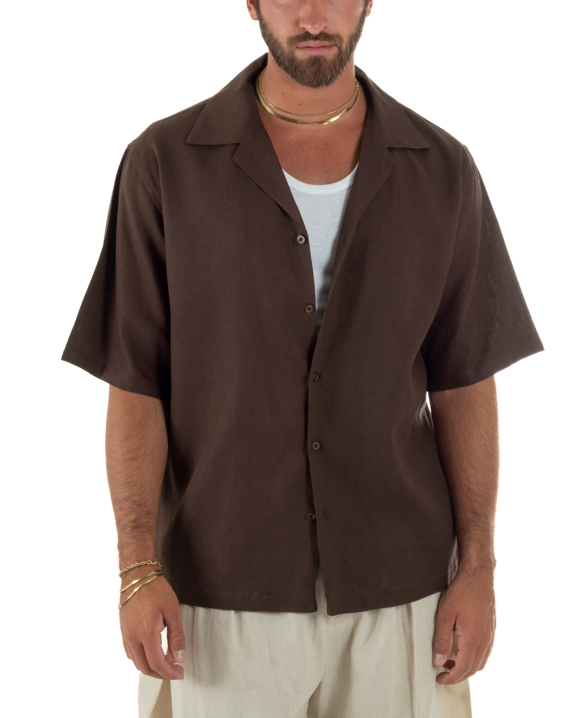 Camicia uomo lino mezze maniche colletto bowling collo rever boxy fit marrone GIOSAL-CC1236A