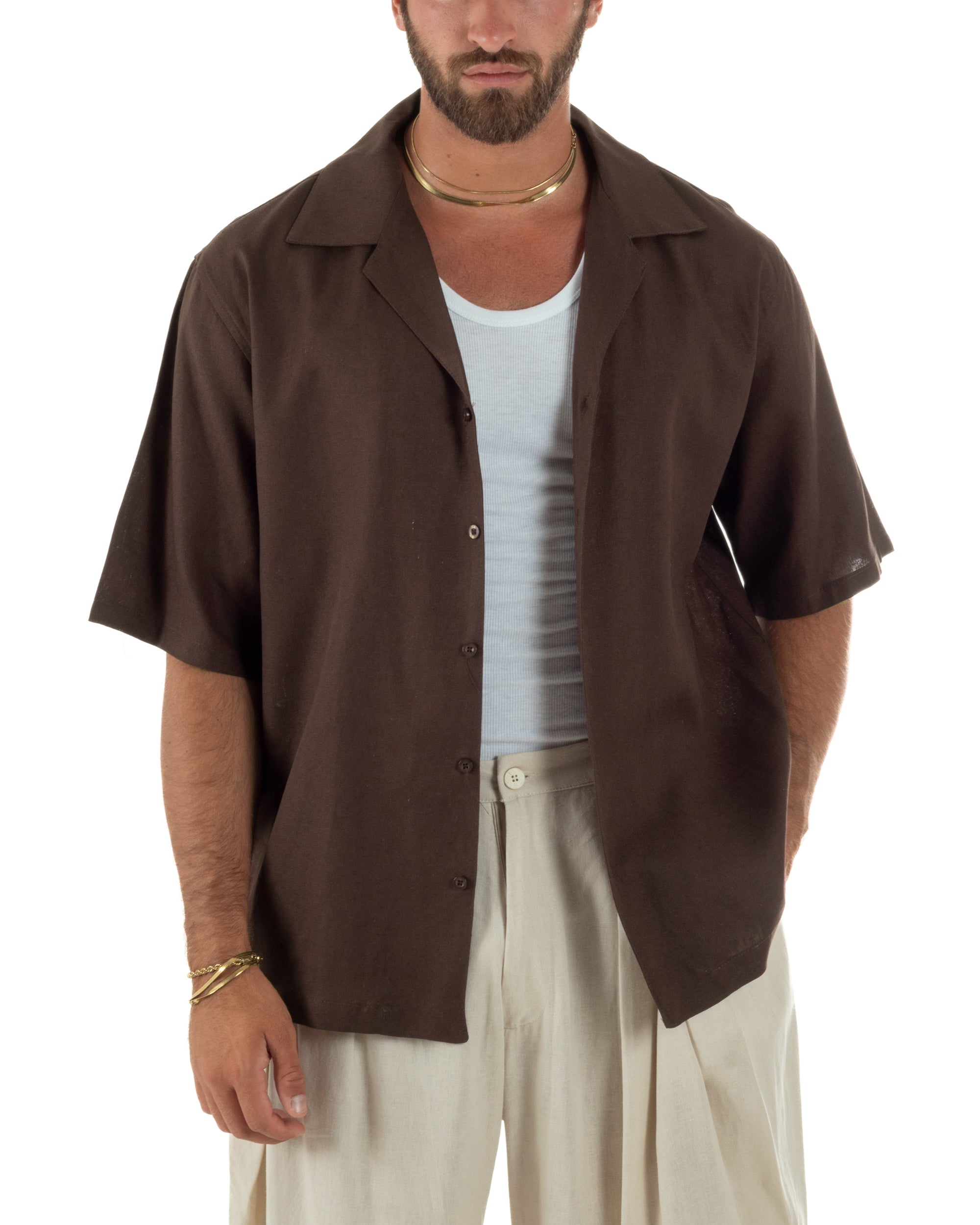 Camicia uomo lino mezze maniche colletto bowling collo rever boxy fit marrone GIOSAL-CC1236A