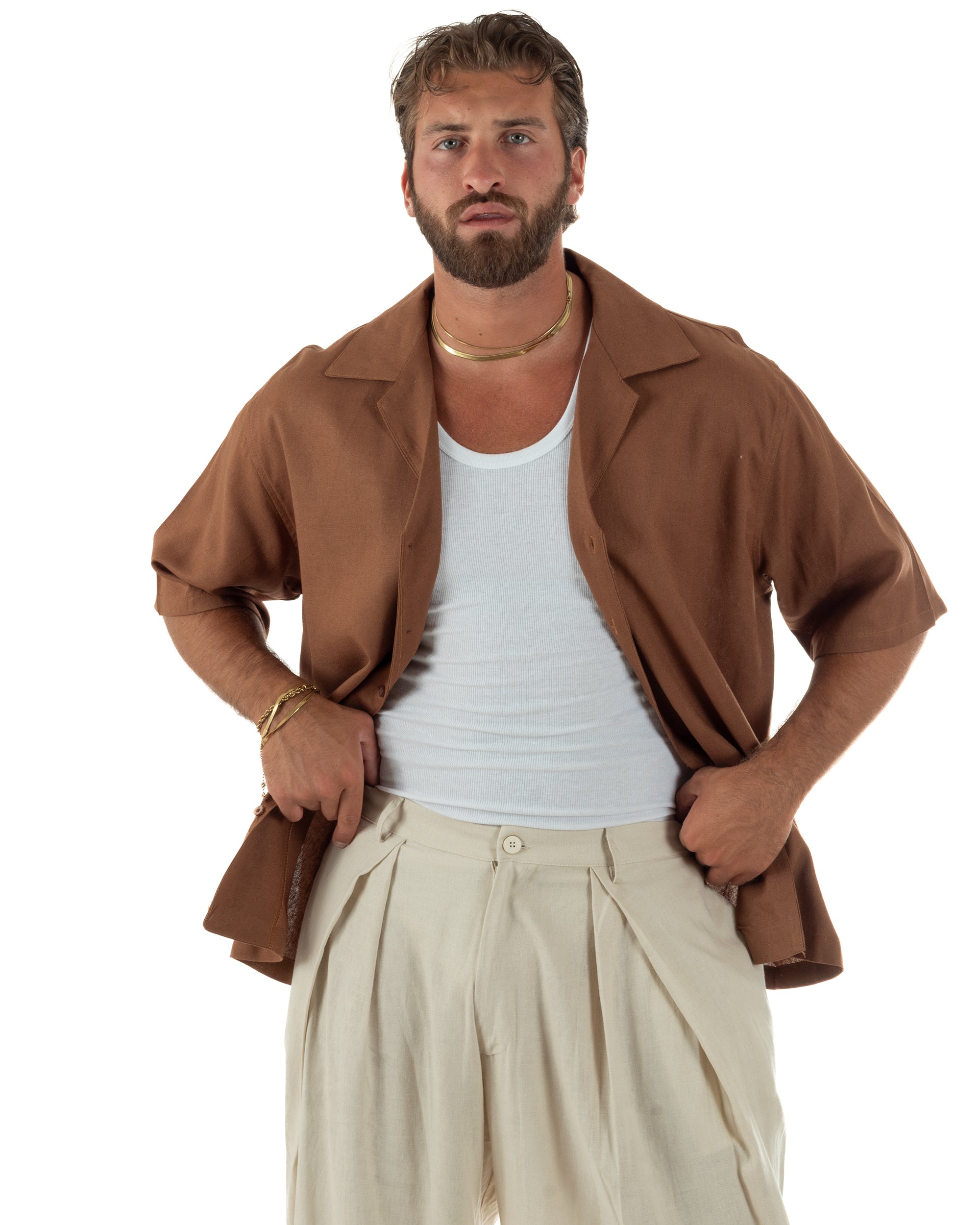 Camicia uomo lino mezze maniche colletto bowling collo rever boxy fit camel GIOSAL-CC1237A