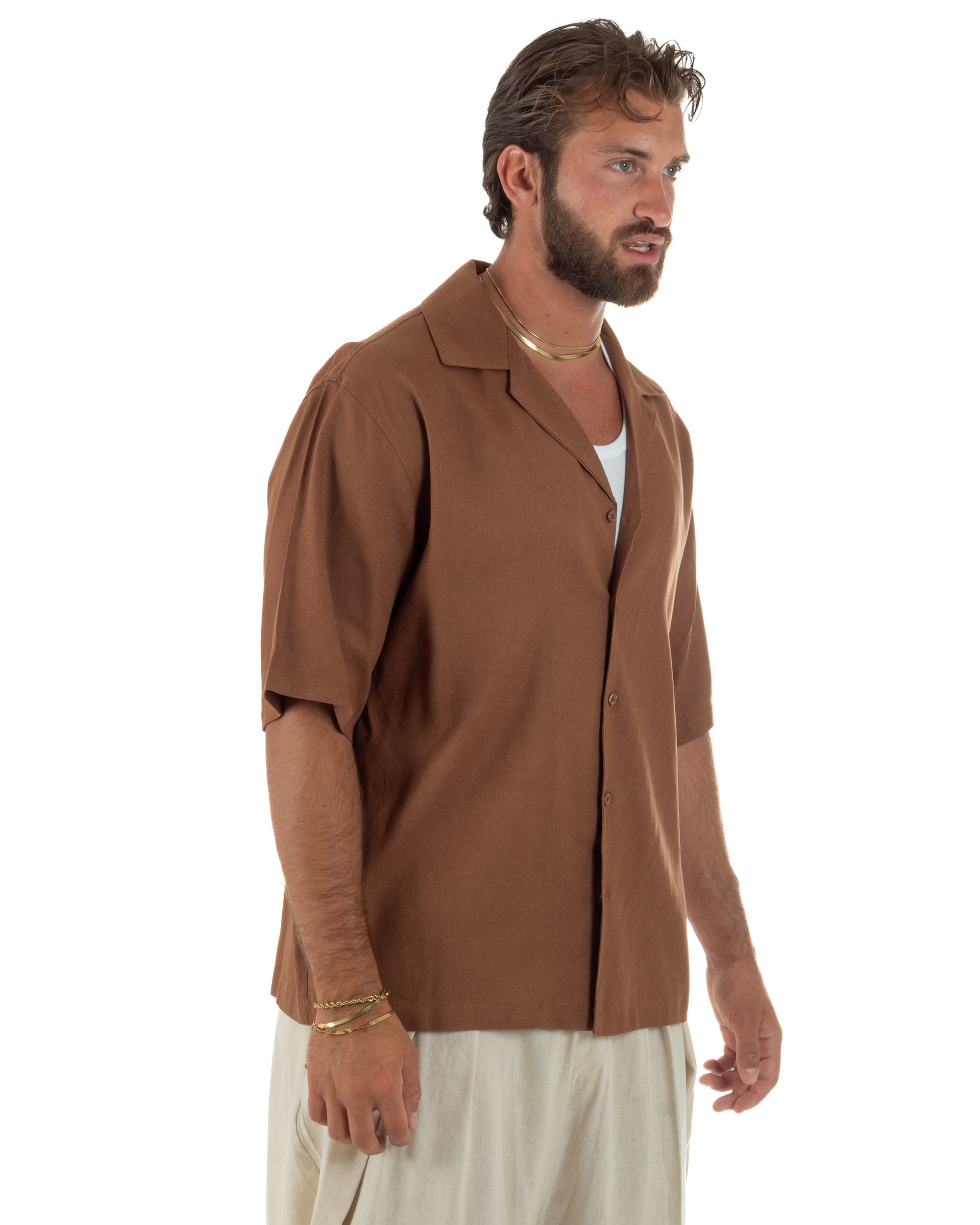 Camicia uomo lino mezze maniche colletto bowling collo rever boxy fit camel GIOSAL-CC1237A