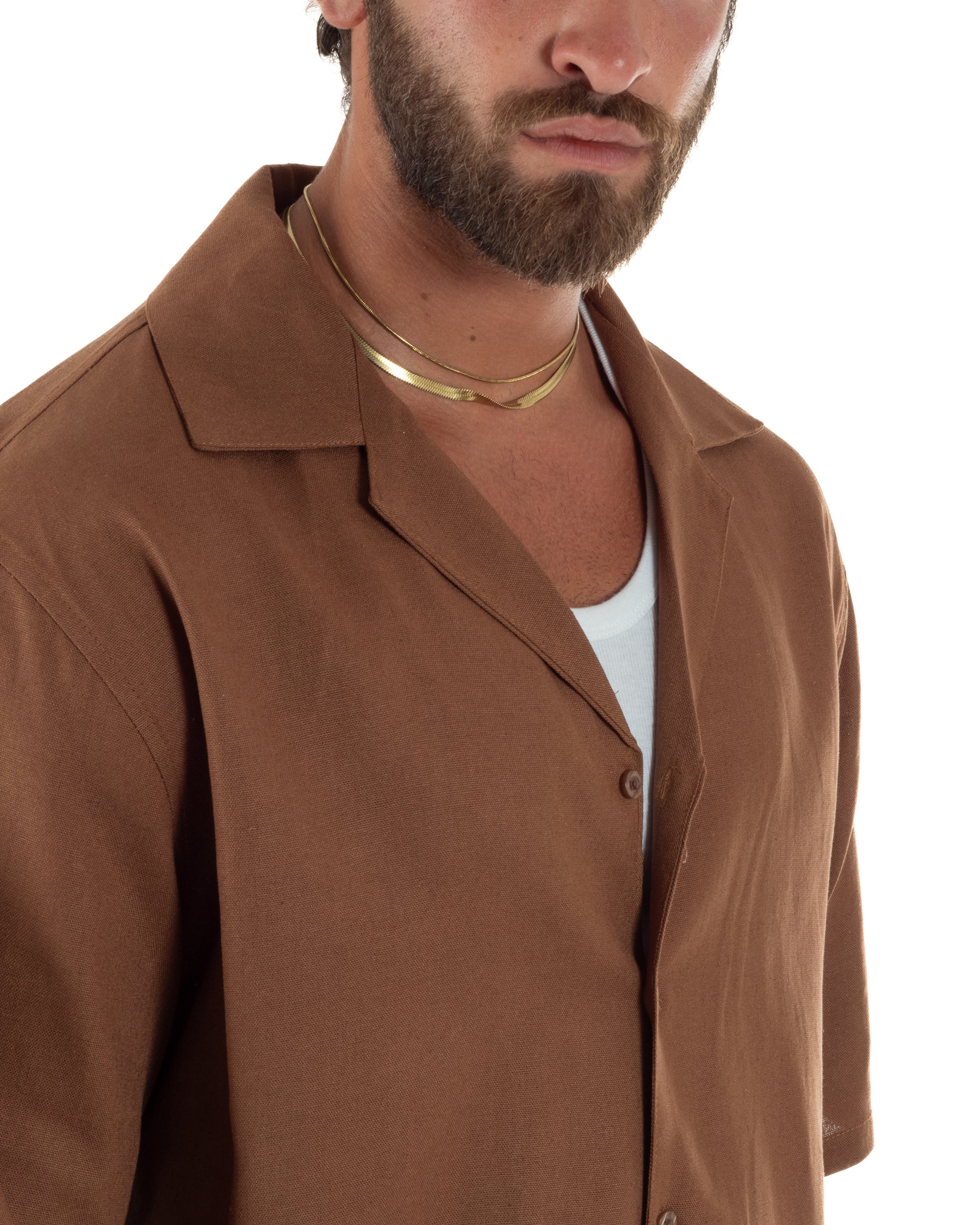 Camicia uomo lino mezze maniche colletto bowling collo rever boxy fit camel GIOSAL-CC1237A