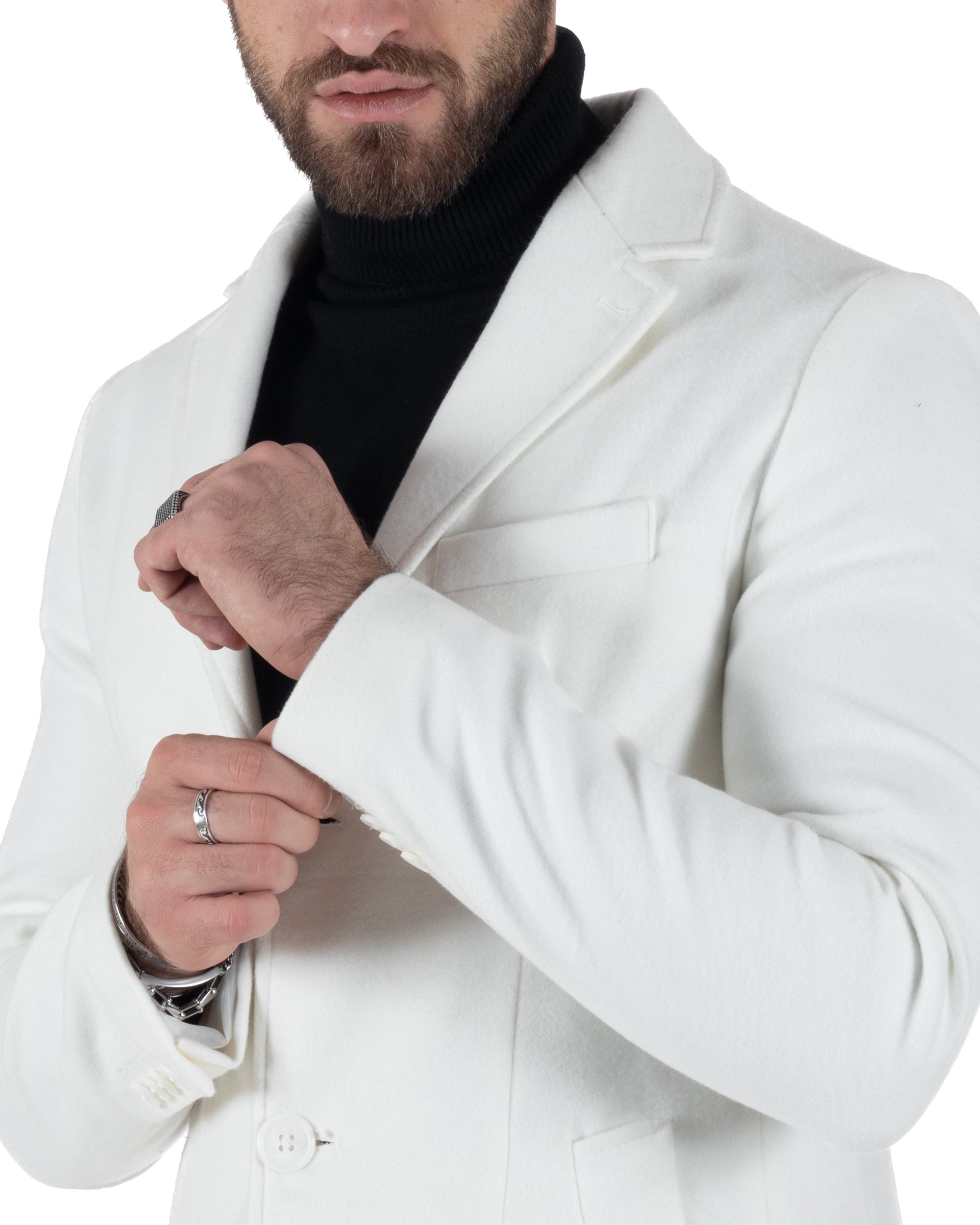 Cappotto Monopetto Uomo Giacca Colletto Reverse Giaccone Tinta Unita Panna Bianco Baronetto Elegante GIOSAL-CO1004A