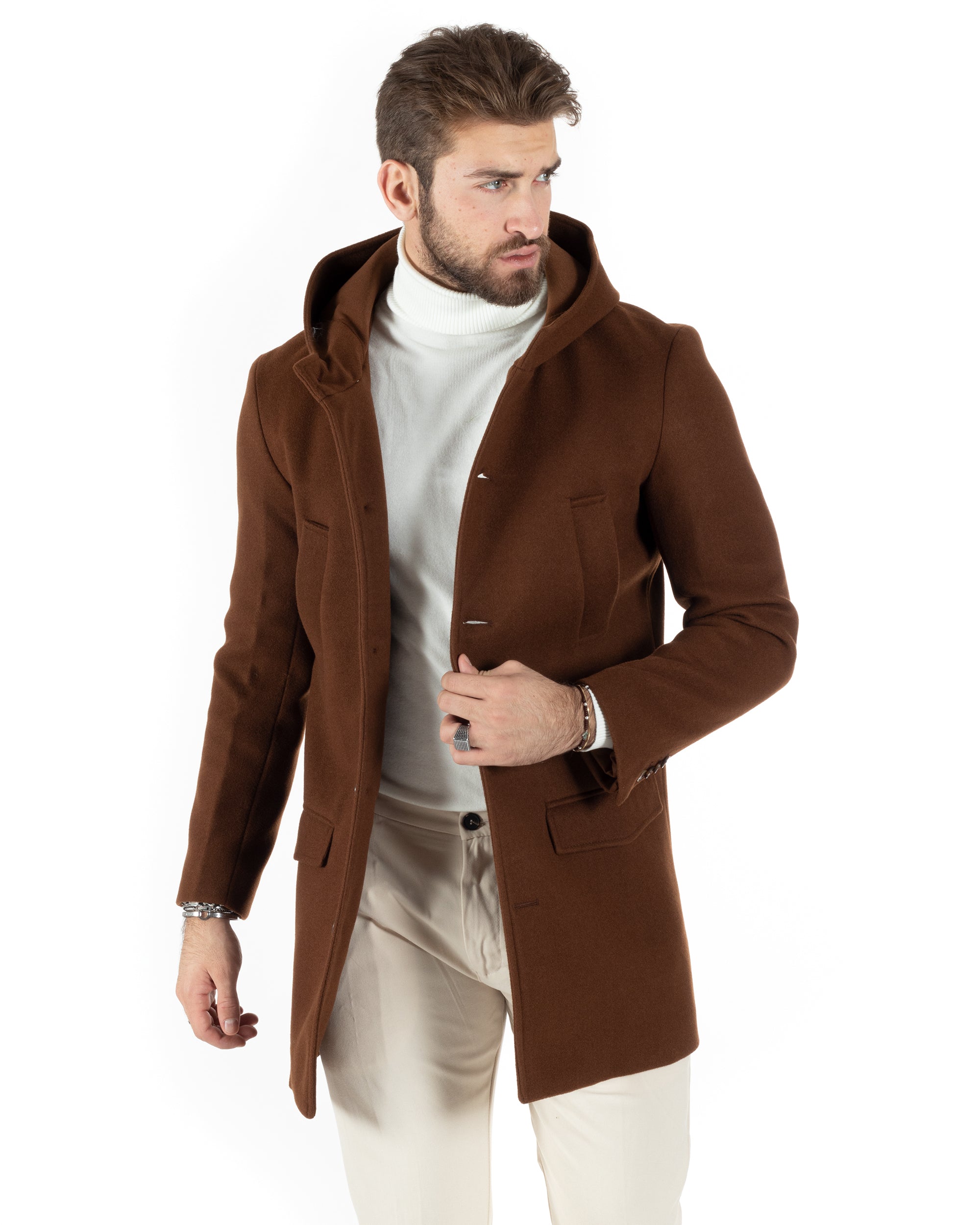 Cappotto Monopetto Uomo Giacca Giaccone Con Cappuccio Tabacco Baronett