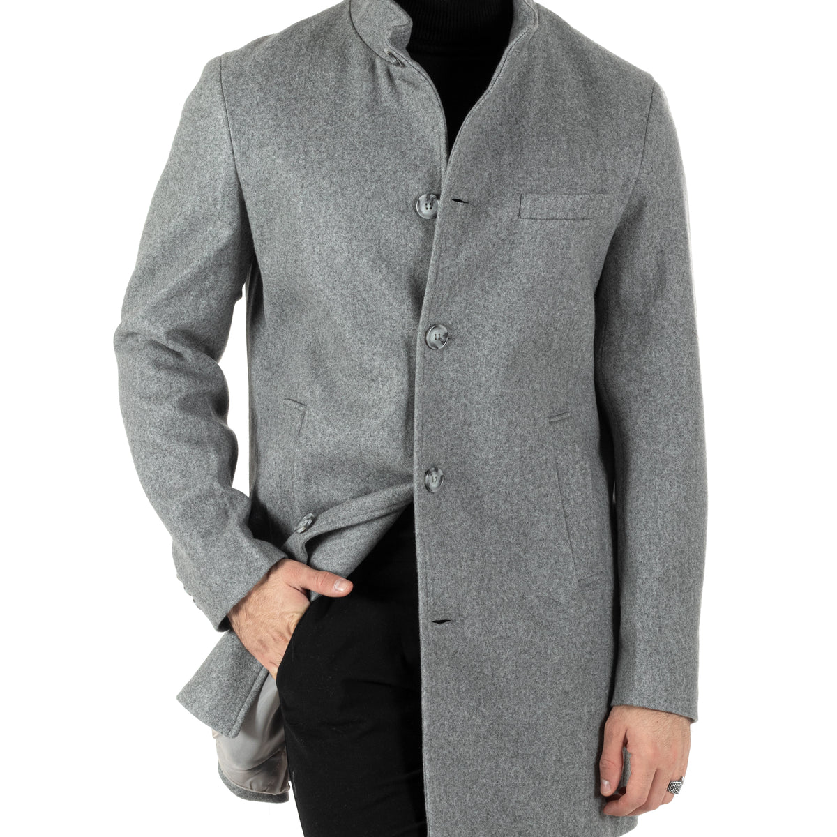 Cappotto Monopetto Uomo Giacca Collo Coreano Giaccone Lungo Grigio Chi