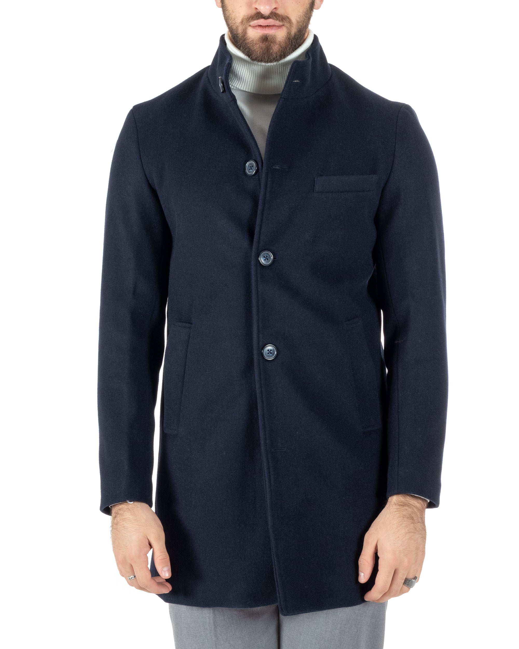 Cappotto Monopetto Uomo Giacca Collo Coreano Giaccone Lungo Blu Baronetto Elegante GIOSAL-CO1018A