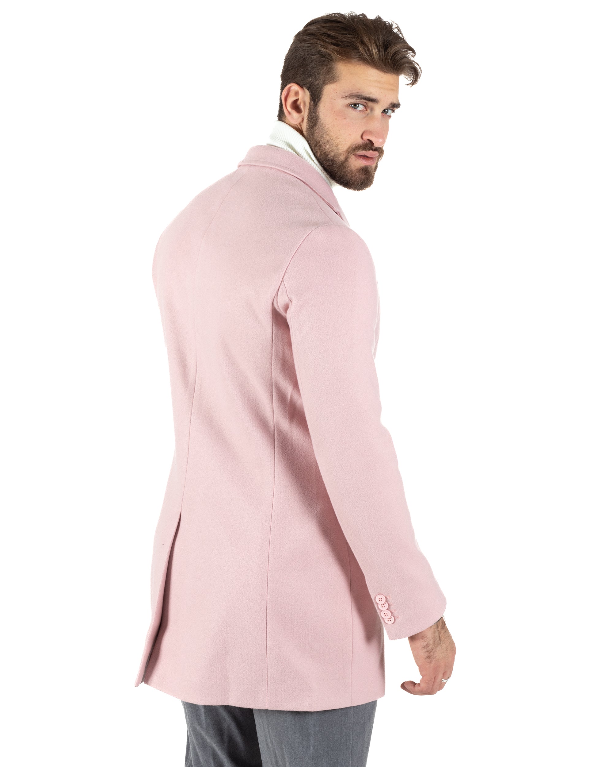 Cappotto Monopetto Uomo Giacca Colletto Reverse Giaccone Tinta Unita Rosa Baronetto Elegante GIOSAL-CO1020A