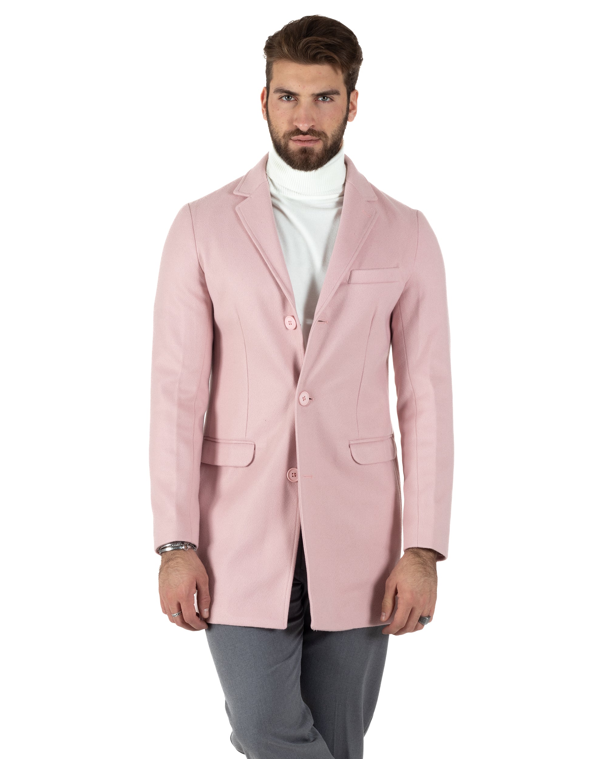 Cappotto Monopetto Uomo Giacca Colletto Reverse Giaccone Tinta Unita Rosa Baronetto Elegante GIOSAL-CO1020A