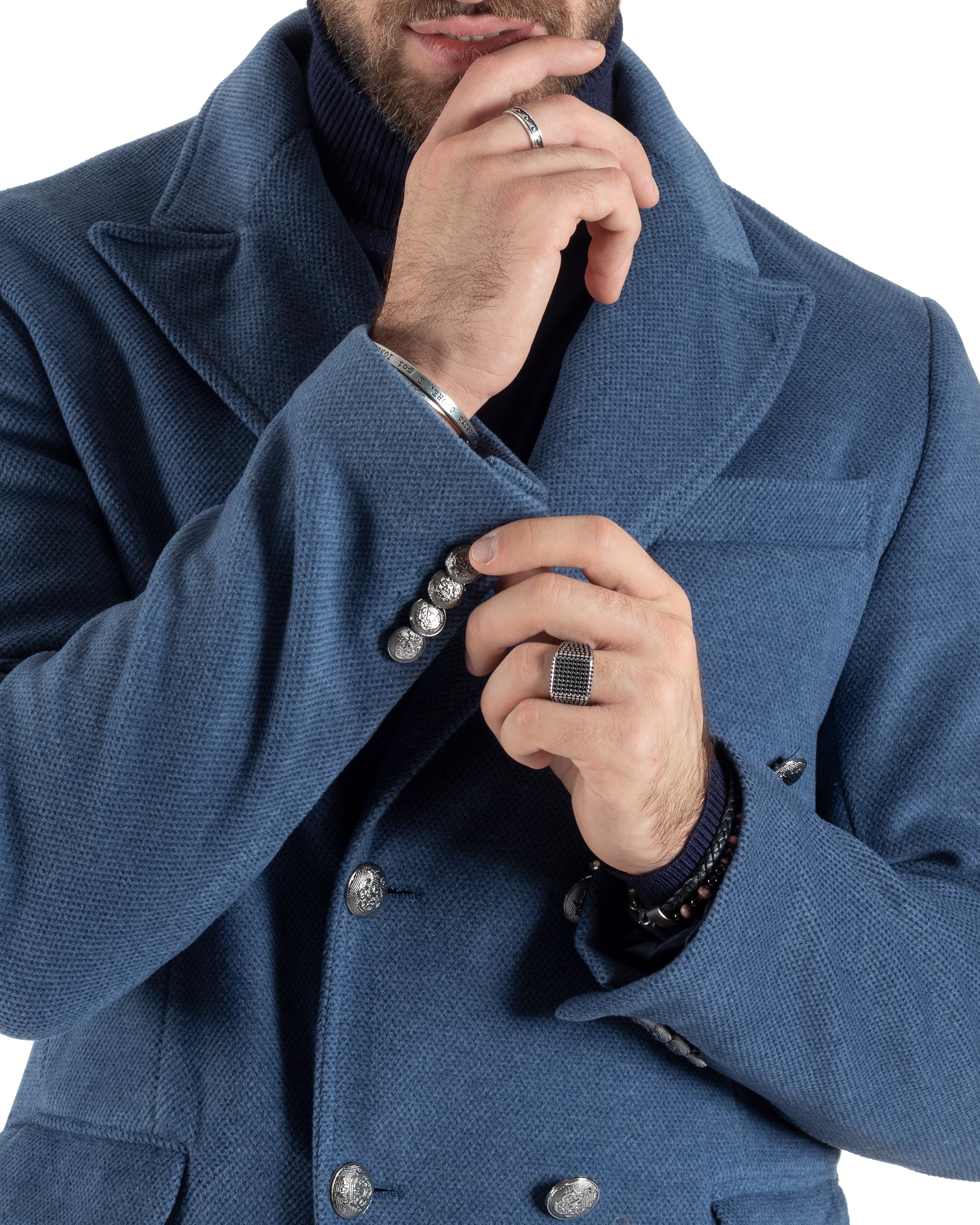 Cappotto Doppiopetto Uomo Con Colletto Giaccone Martingala Blu Elegante Tessuto Diagonale GIOSAL-CO1023A