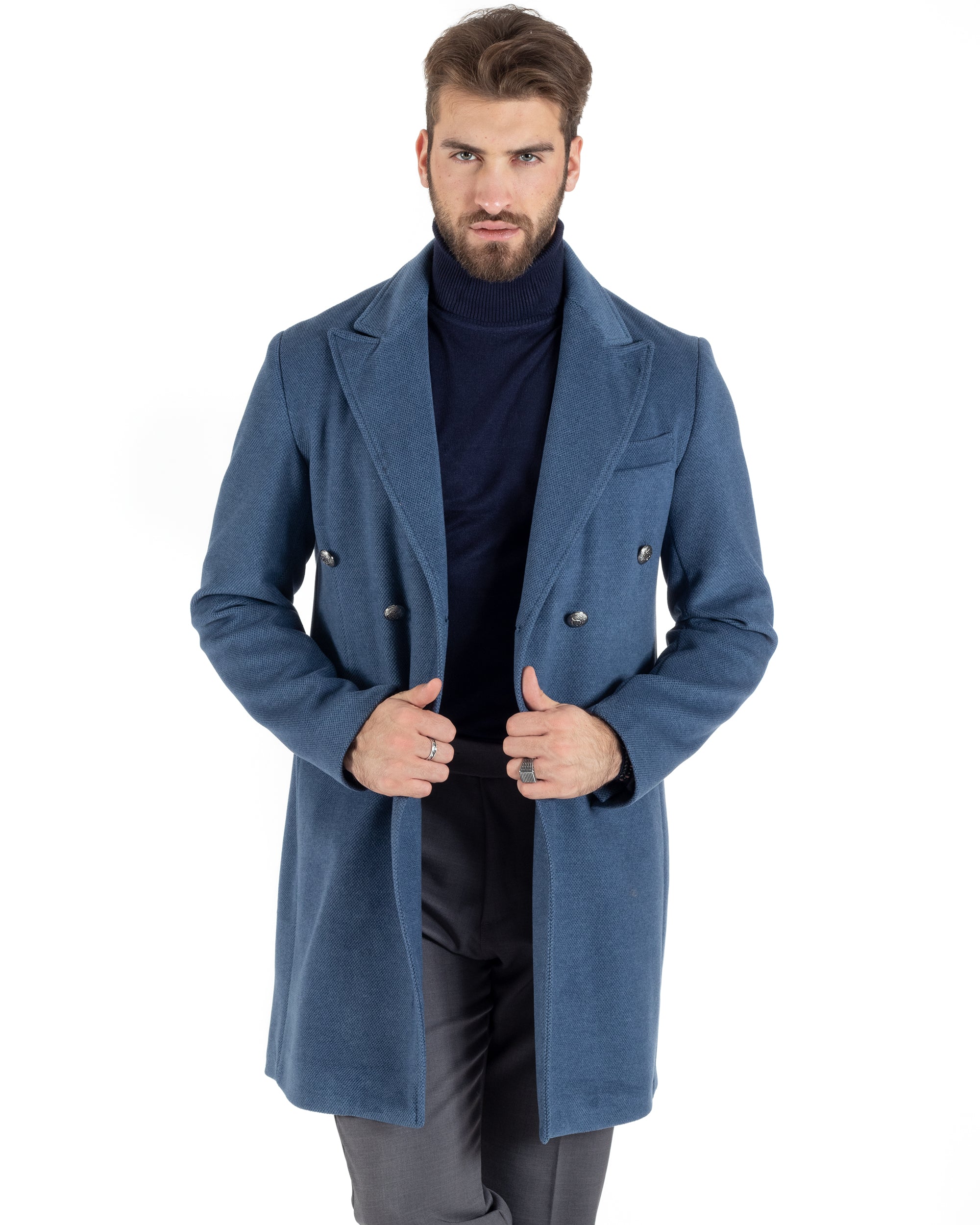 Cappotto Doppiopetto Uomo Con Colletto Giaccone Martingala Blu Elegante Tessuto Diagonale GIOSAL-CO1023A