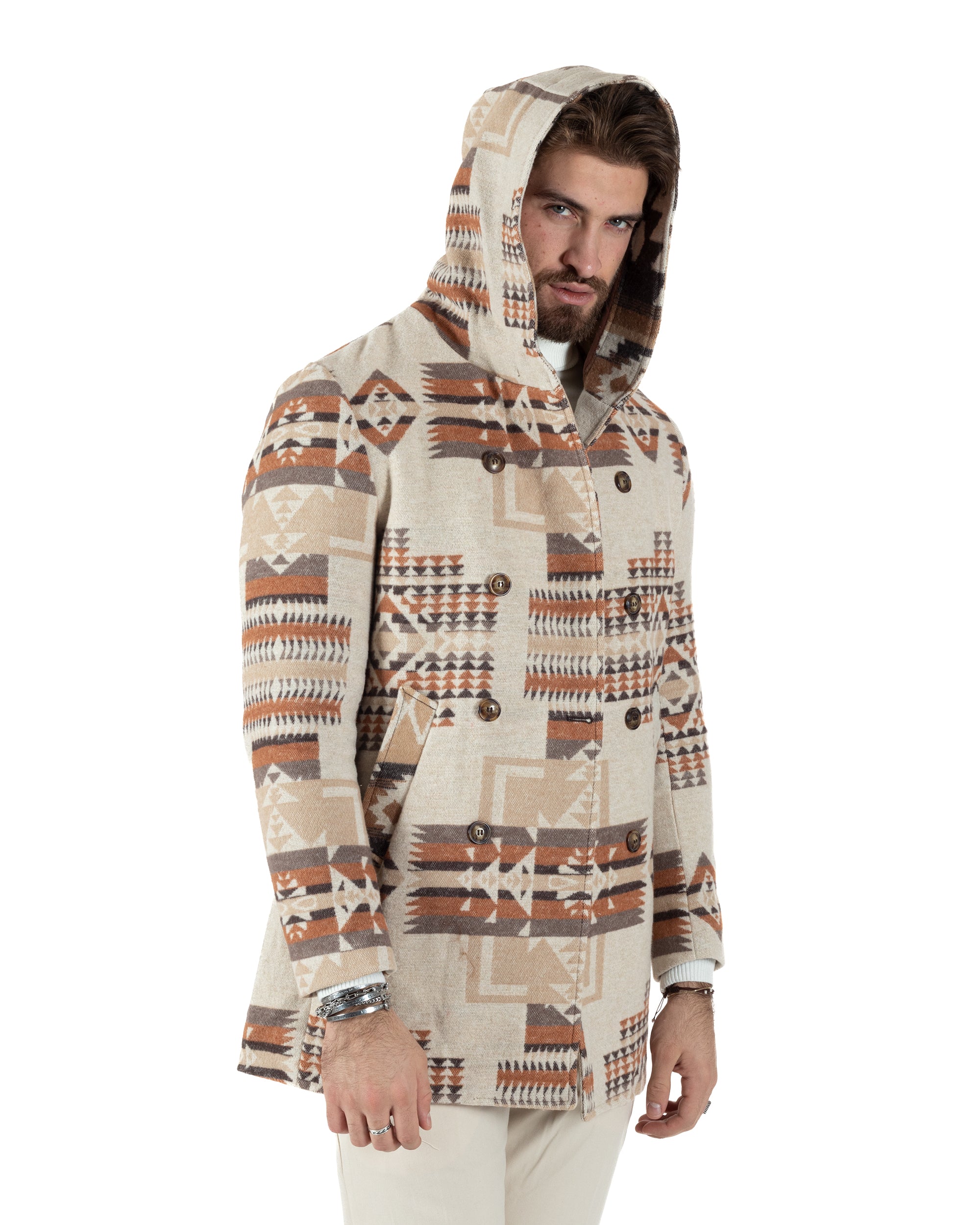 Double-Breasted Men's Jacket Coat Ethnic Pattern Beige Jacket GIOSAL-G2974A