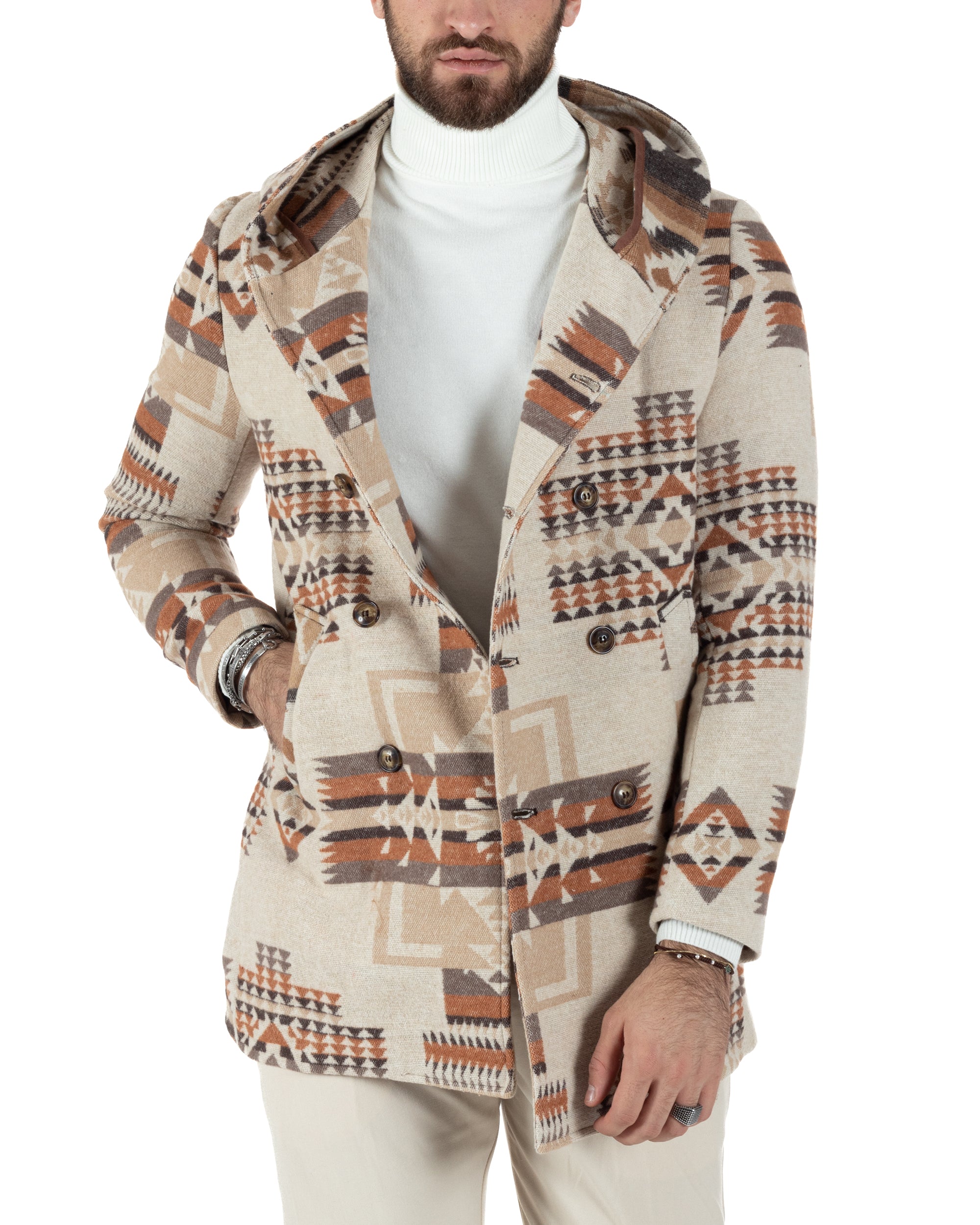 Double-Breasted Men's Jacket Coat Ethnic Pattern Beige Jacket GIOSAL-G2974A