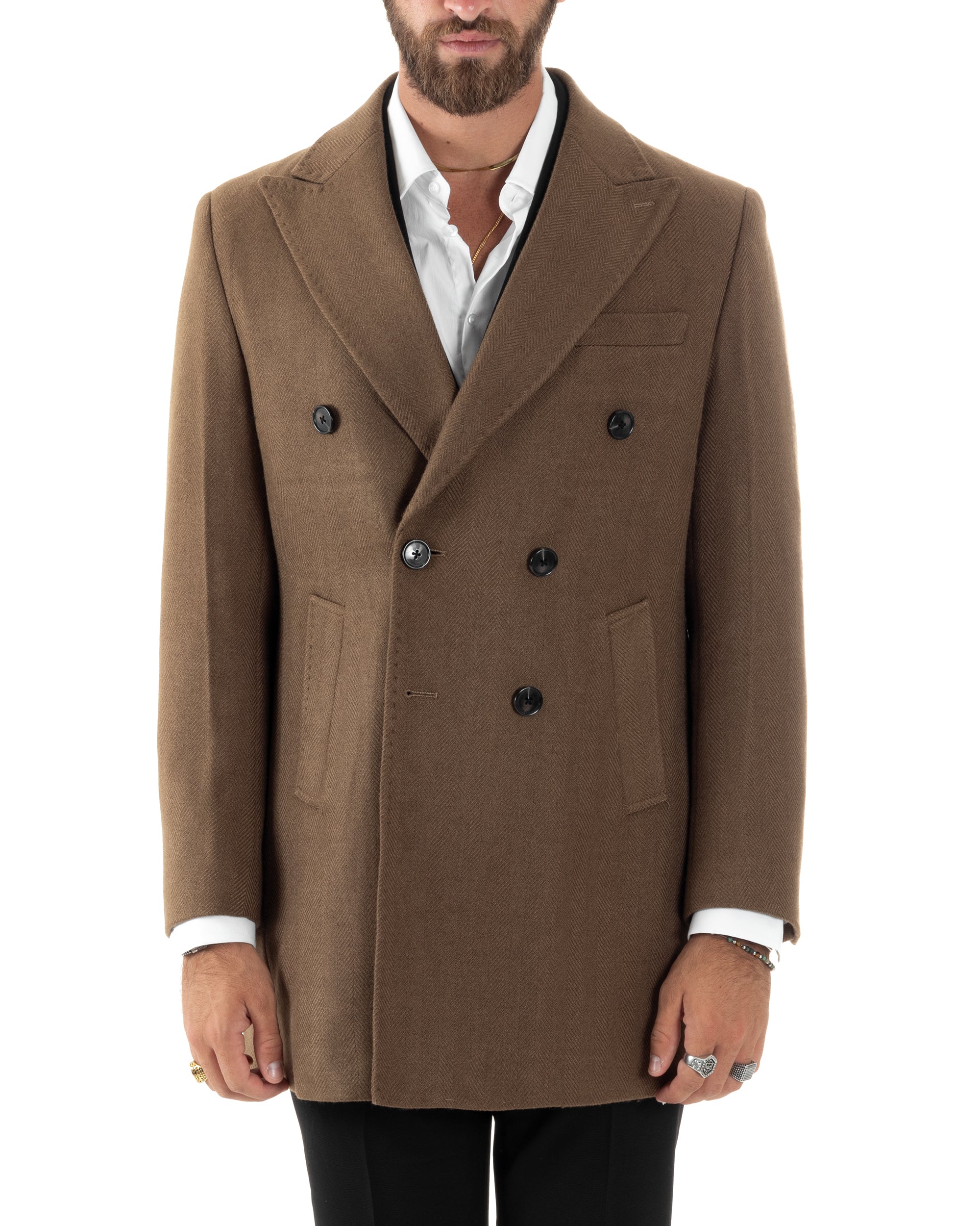 Cappotto Doppiopetto Uomo Spigato Sartoriale Regular Fit Giacca Elegante Giaccone Con Martingala Giubbotto Lungo Casual Tinta Unita Camel GIOSAL-CO1036A