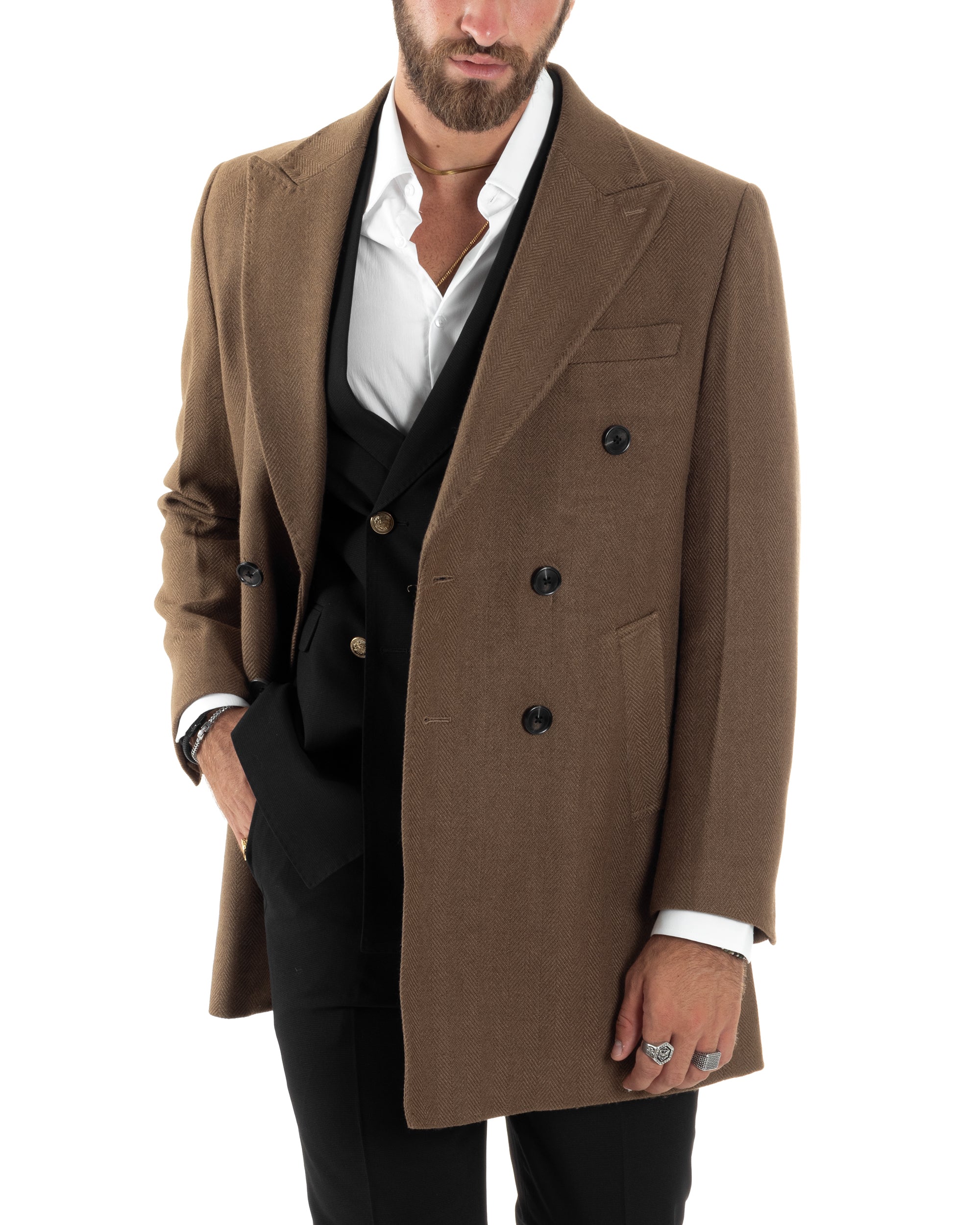 Cappotto Doppiopetto Uomo Spigato Sartoriale Regular Fit Giacca Elegante Giaccone Con Martingala Giubbotto Lungo Casual Tinta Unita Camel GIOSAL-CO1036A