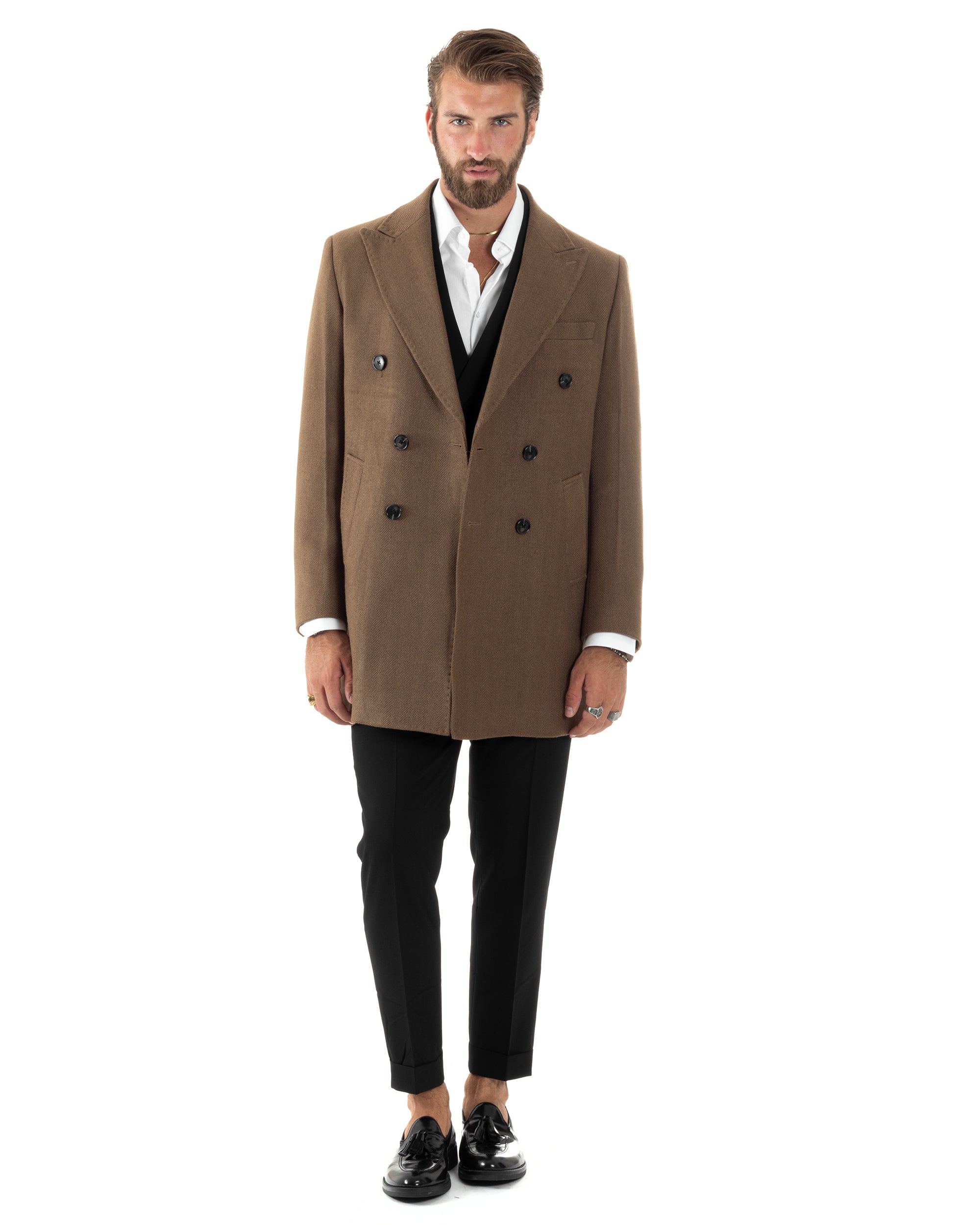 Cappotto Doppiopetto Uomo Spigato Sartoriale Regular Fit Giacca Elegante Giaccone Con Martingala Giubbotto Lungo Casual Tinta Unita Camel GIOSAL-CO1036A