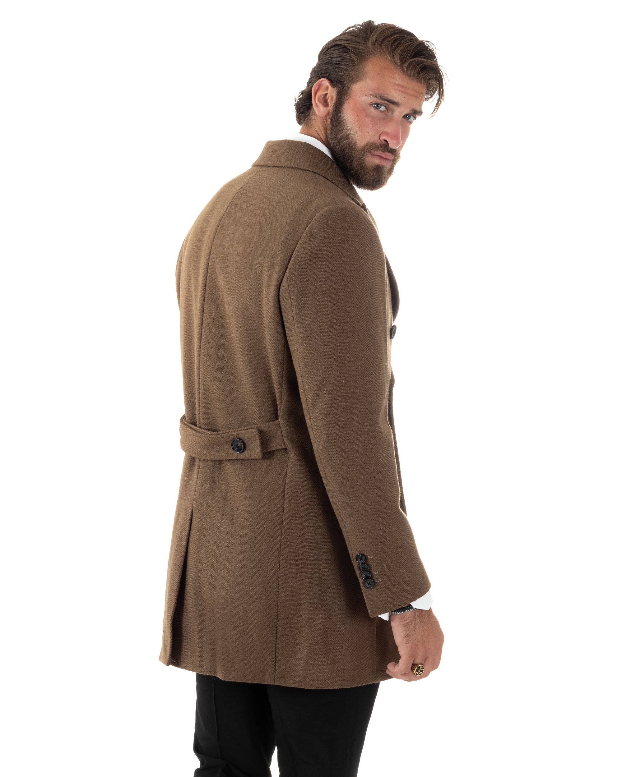 Cappotto Doppiopetto Uomo Spigato Sartoriale Regular Fit Giacca Elegante Giaccone Con Martingala Giubbotto Lungo Casual Tinta Unita Camel GIOSAL-CO1036A