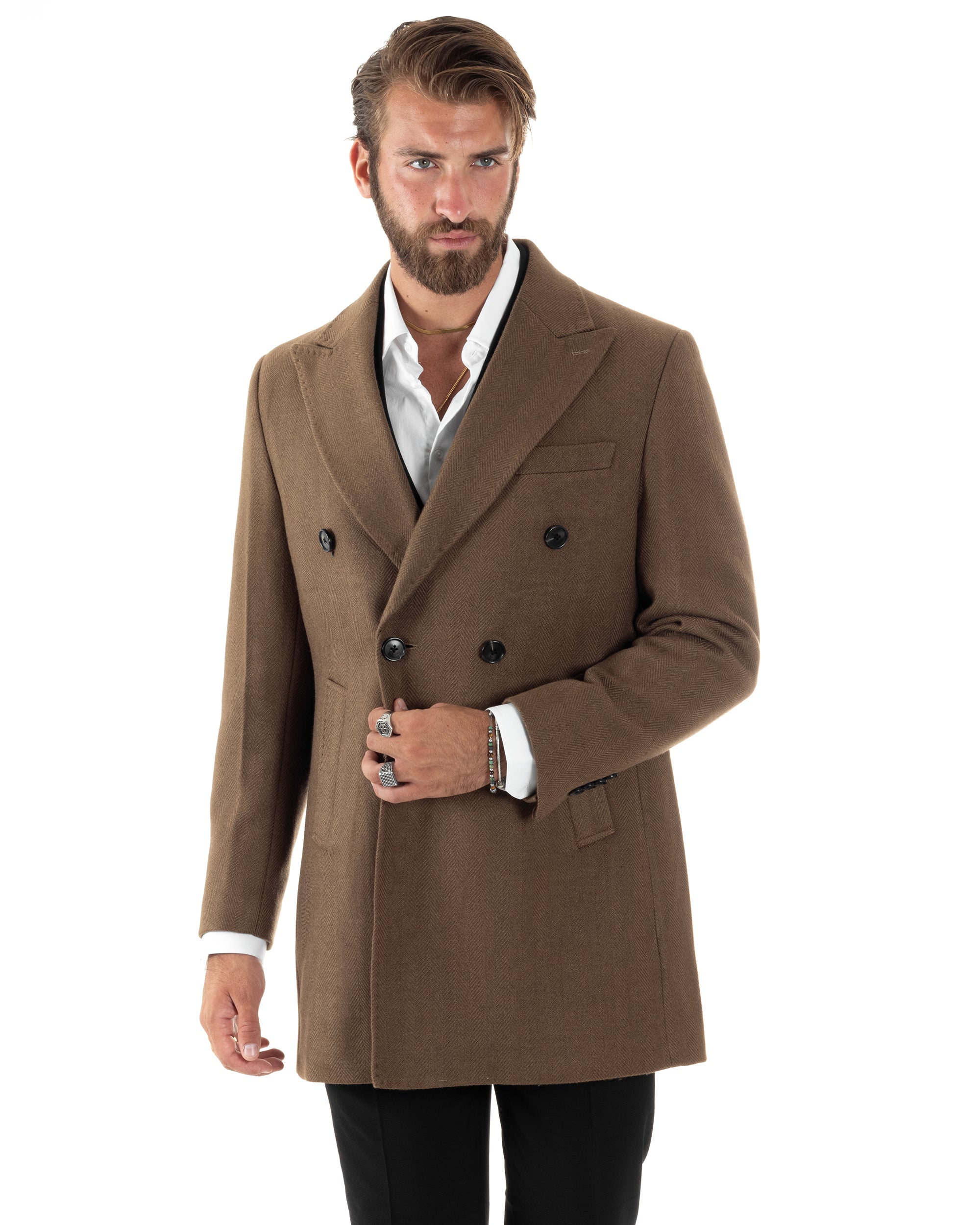 Cappotto Doppiopetto Uomo Spigato Sartoriale Regular Fit Giacca Elegante Giaccone Con Martingala Giubbotto Lungo Casual Tinta Unita Camel GIOSAL-CO1036A