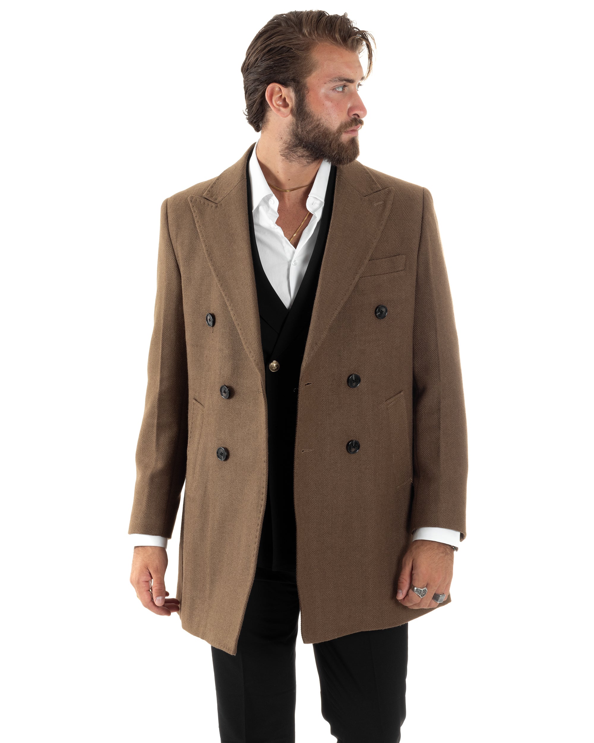 Cappotto Doppiopetto Uomo Spigato Sartoriale Regular Fit Giacca Elegante Giaccone Con Martingala Giubbotto Lungo Casual Tinta Unita Camel GIOSAL-CO1036A