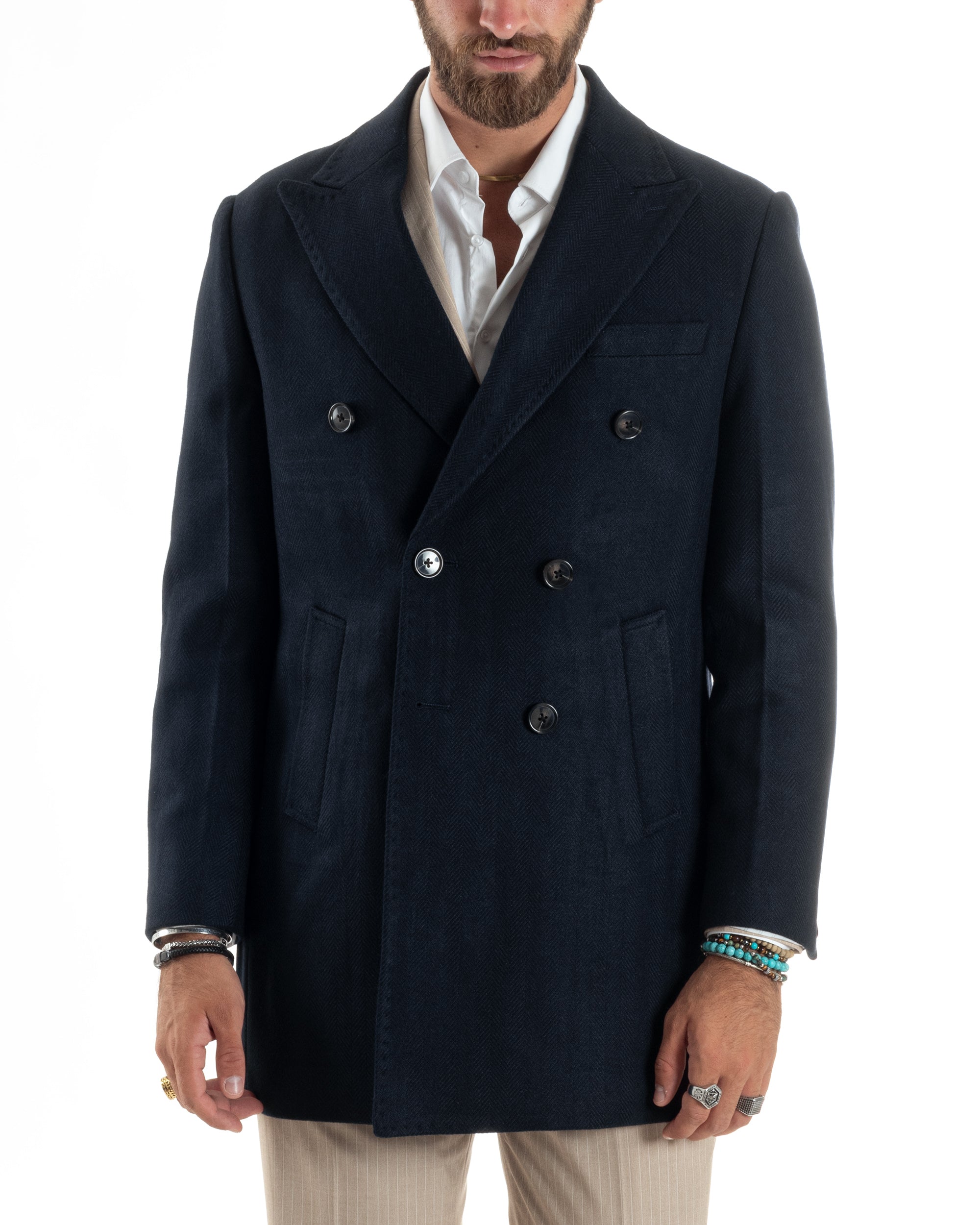 Cappotto Doppiopetto Uomo Spigato Sartoriale Regular Fit Giacca Elegante Giaccone Con Martingala Giubbotto Lungo Casual Tinta Unita Blu GIOSAL-CO1037A