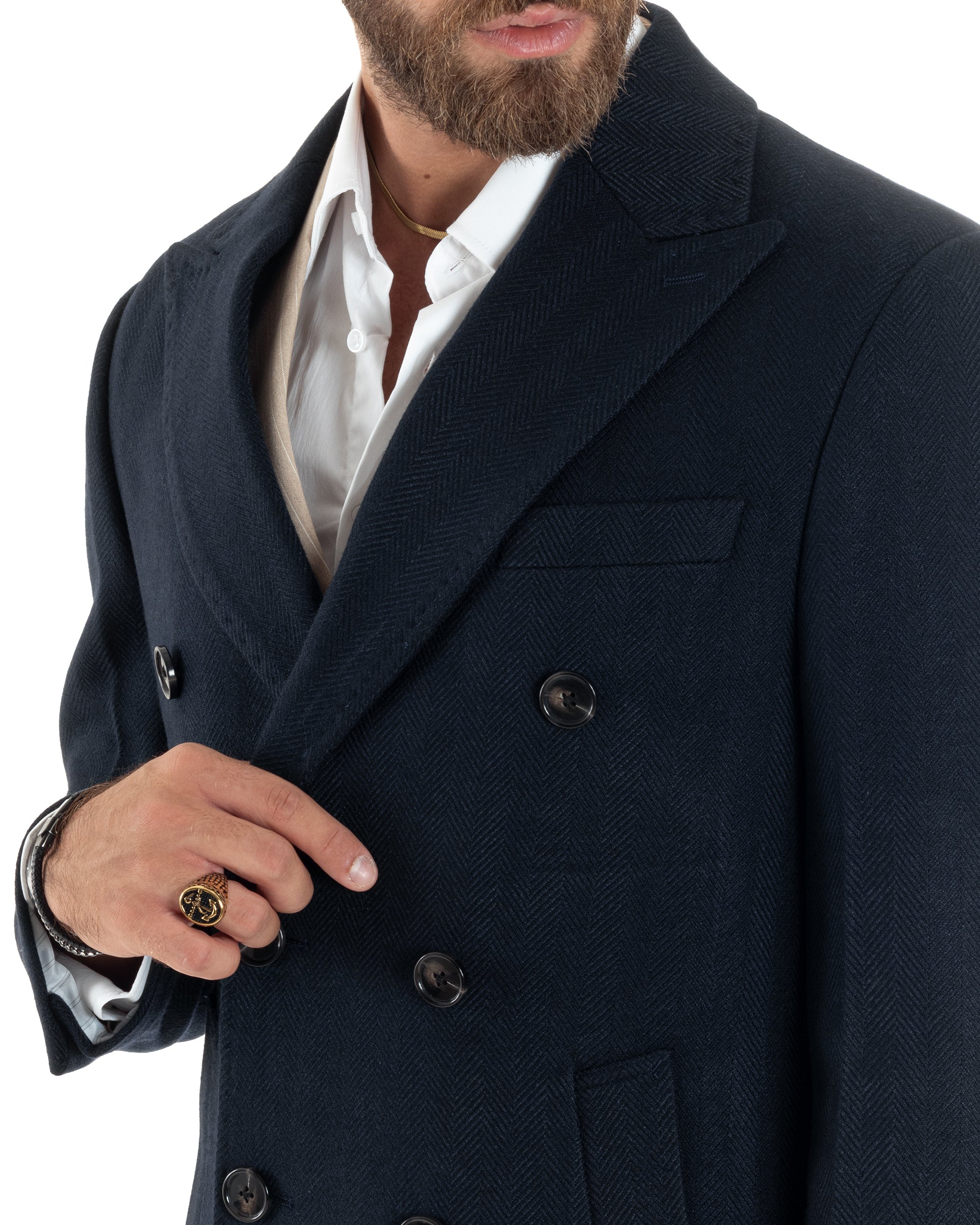 Cappotto Doppiopetto Uomo Spigato Sartoriale Regular Fit Giacca Elegante Giaccone Con Martingala Giubbotto Lungo Casual Tinta Unita Blu GIOSAL-CO1037A