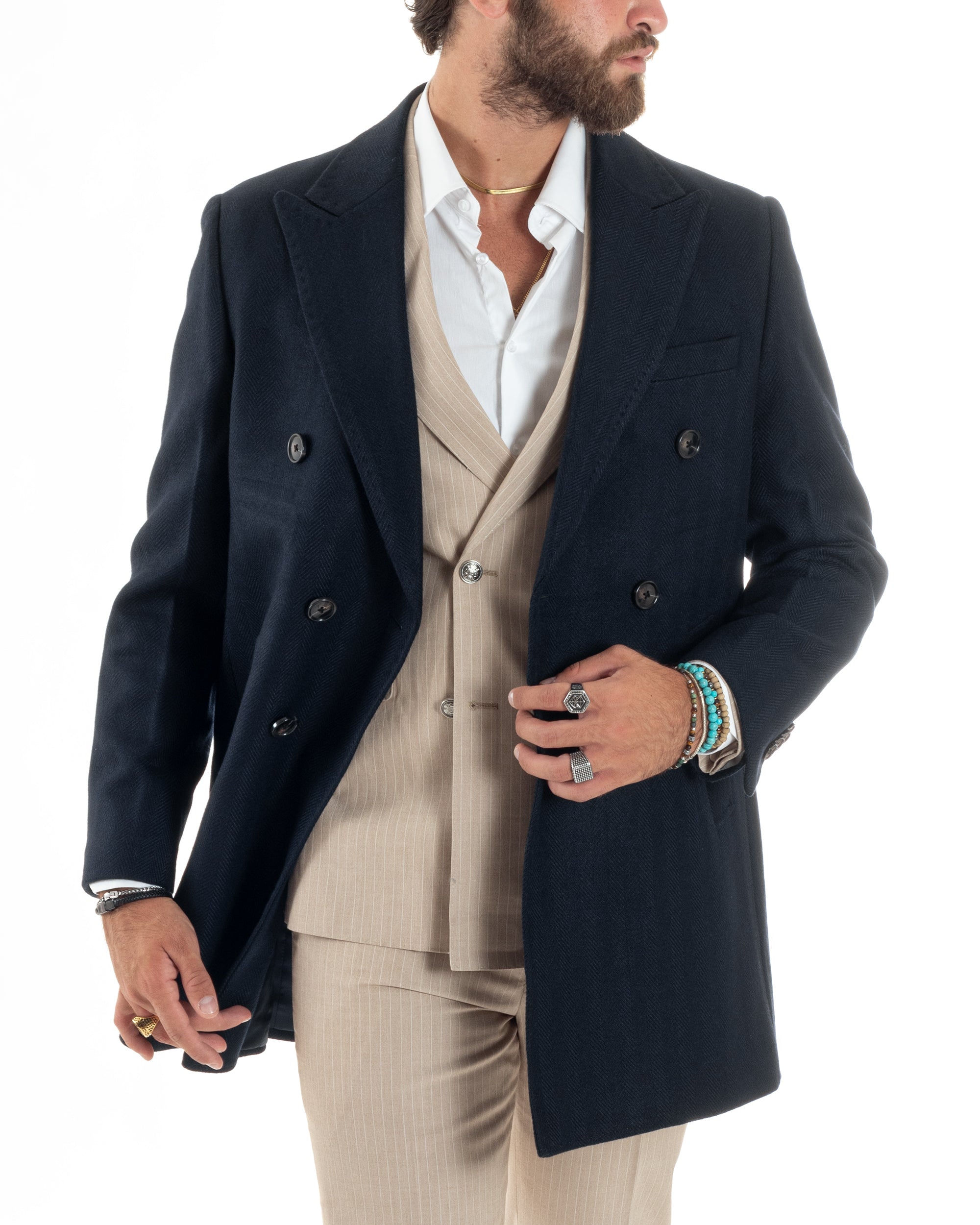 Cappotto Doppiopetto Uomo Spigato Sartoriale Regular Fit Giacca Elegante Giaccone Con Martingala Giubbotto Lungo Casual Tinta Unita Blu GIOSAL-CO1037A