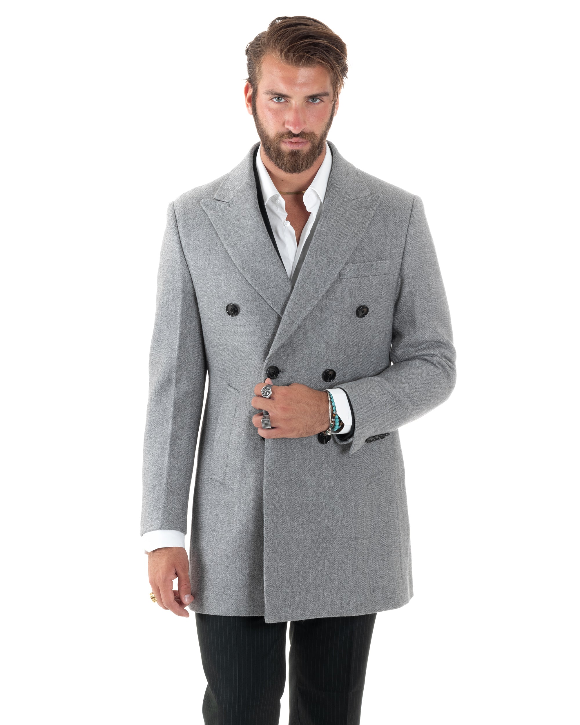 Cappotto Doppiopetto Uomo Spigato Sartoriale Regular Fit Giacca Elegante Giaccone Con Martingala Giubbotto Lungo Casual Tinta Unita Grigio GIOSAL-CO1038A