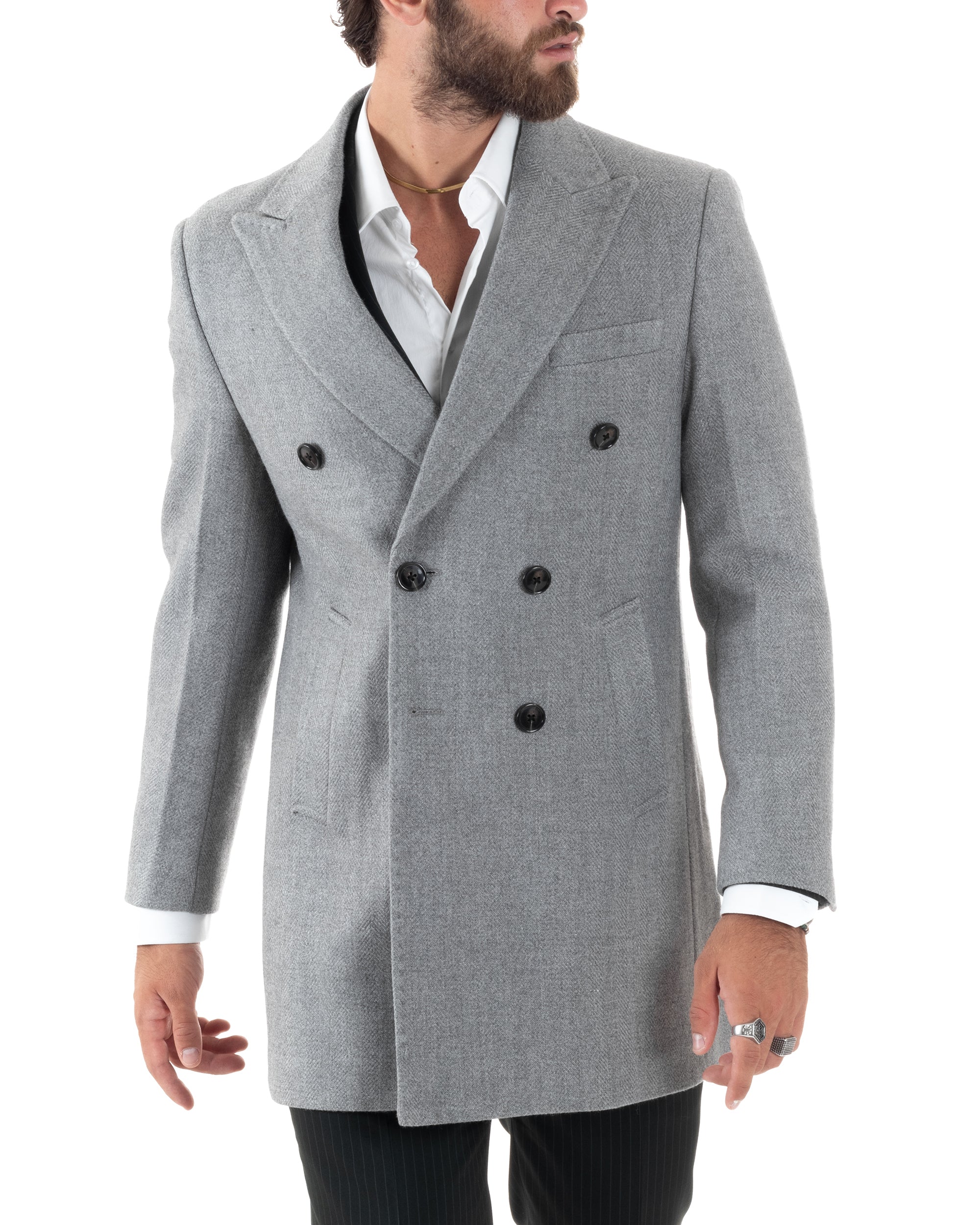 Cappotto Doppiopetto Uomo Spigato Sartoriale Regular Fit Giacca Elegante Giaccone Con Martingala Giubbotto Lungo Casual Tinta Unita Grigio GIOSAL-CO1038A