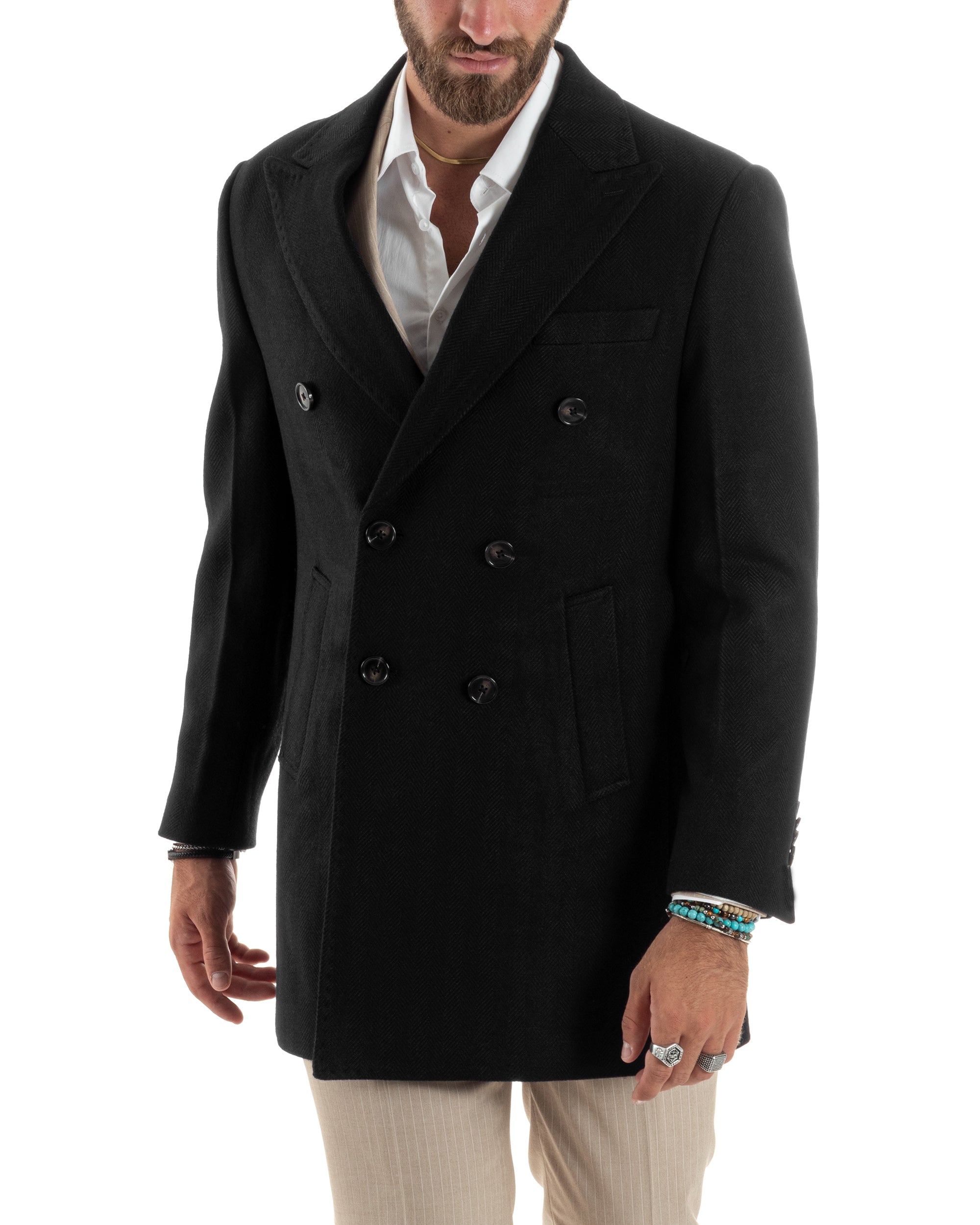 Cappotto Doppiopetto Uomo Spigato Sartoriale Regular Fit Giacca Elegante Giaccone Con Martingala Giubbotto Lungo Casual Tinta Unita Nero GIOSAL-CO1039A