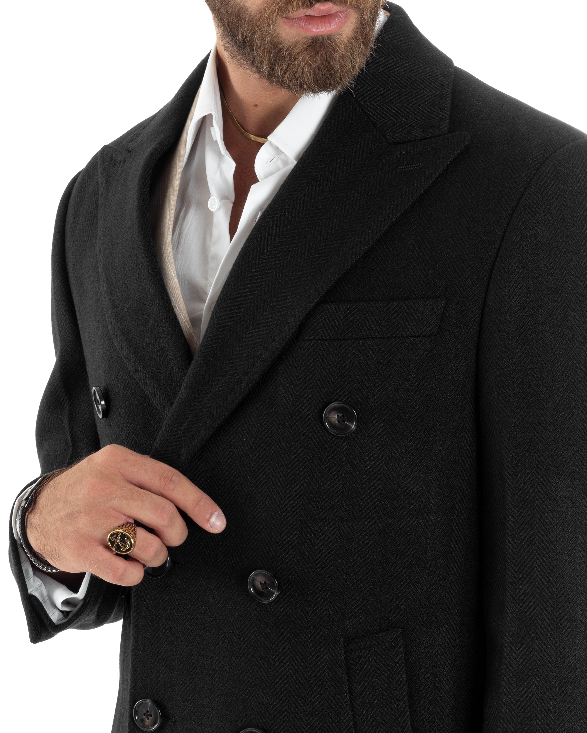 Cappotto Doppiopetto Uomo Spigato Sartoriale Regular Fit Giacca Elegante Giaccone Con Martingala Giubbotto Lungo Casual Tinta Unita Nero GIOSAL-CO1039A