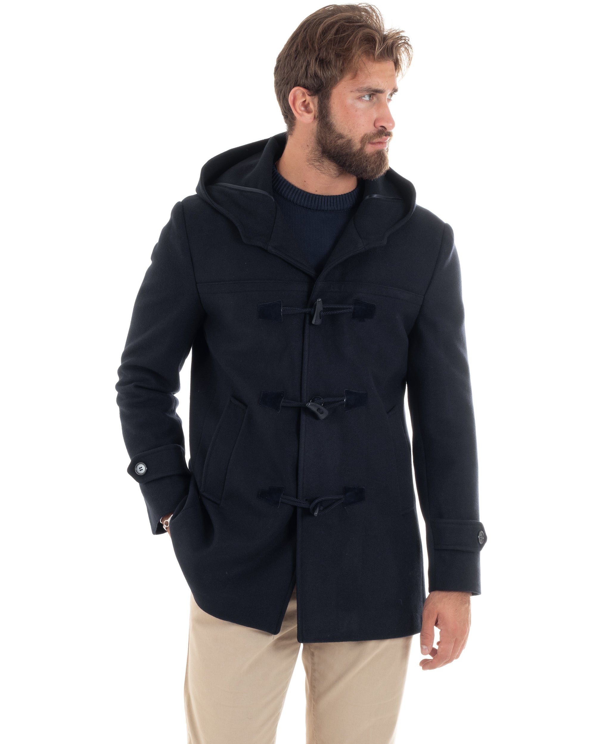 Cappotto Uomo Lana Montgomery Con Alamari E Cappuccio Giacca Calda Giubbotto Casual Giaccone Sartoriale Blu GIOSAL-CO1040A