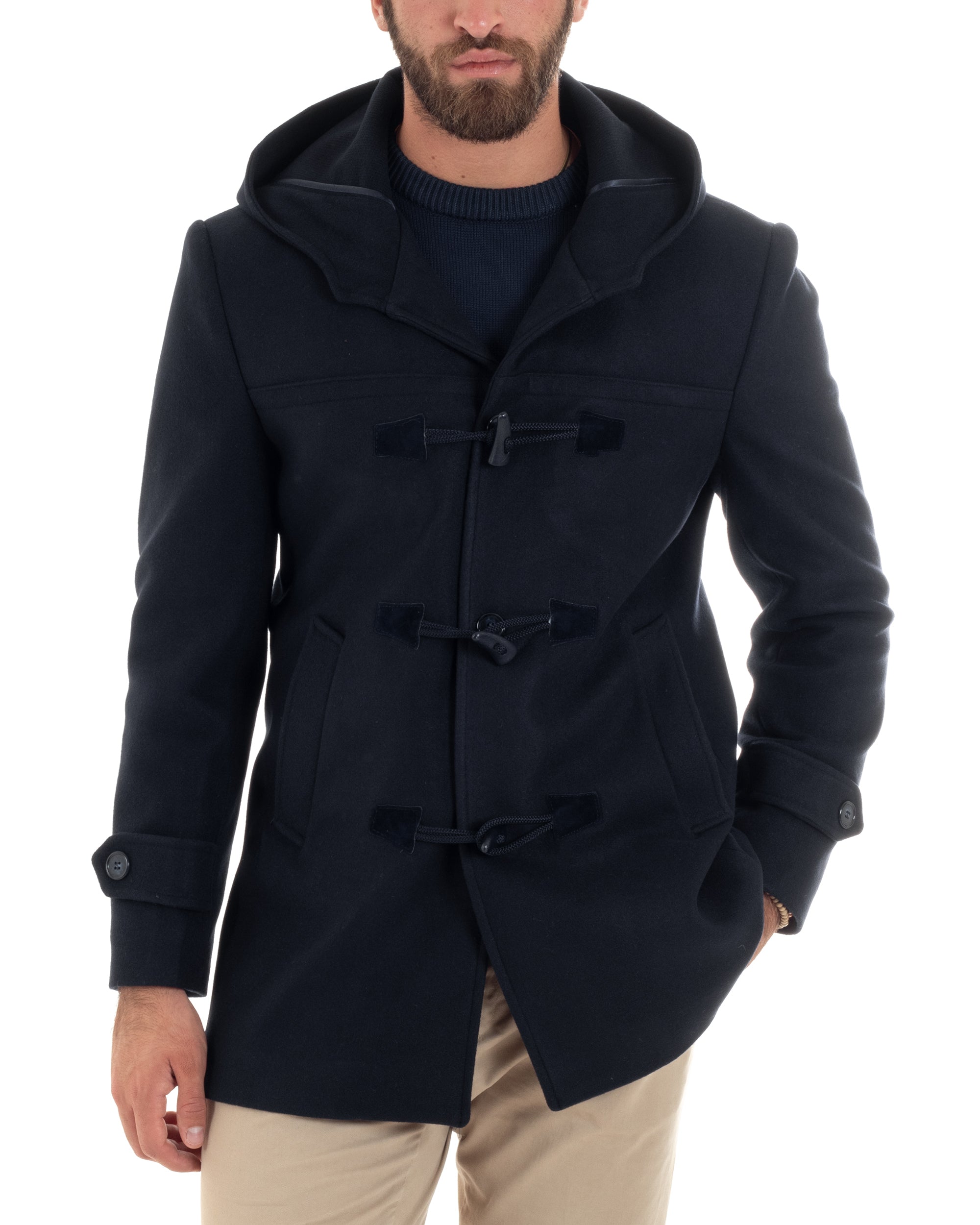 Cappotto Uomo Lana Montgomery Con Alamari E Cappuccio Giacca Calda Giubbotto Casual Giaccone Sartoriale Blu GIOSAL-CO1040A