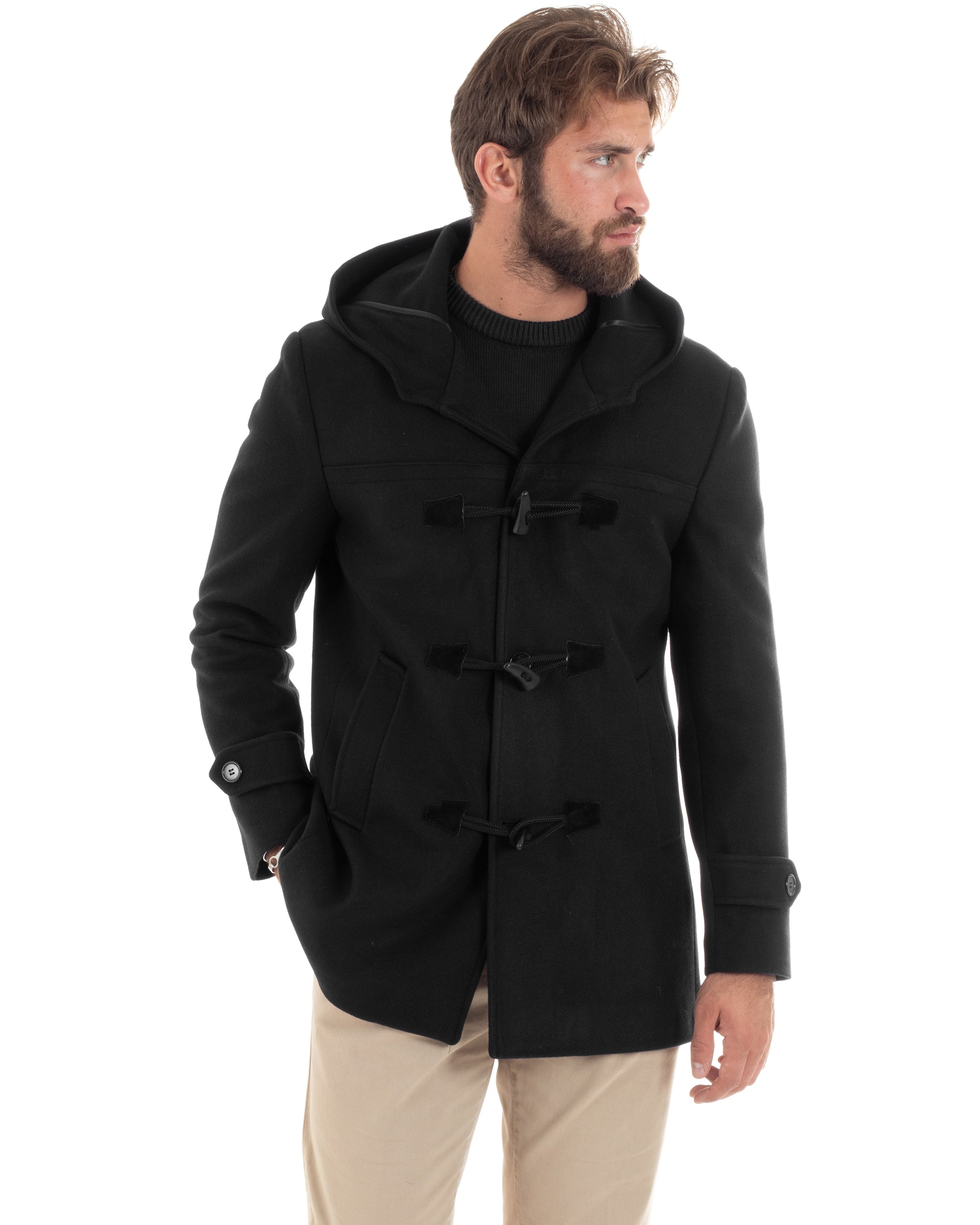 Cappotto Uomo Lana Montgomery Con Alamari E Cappuccio Nero CO1042A