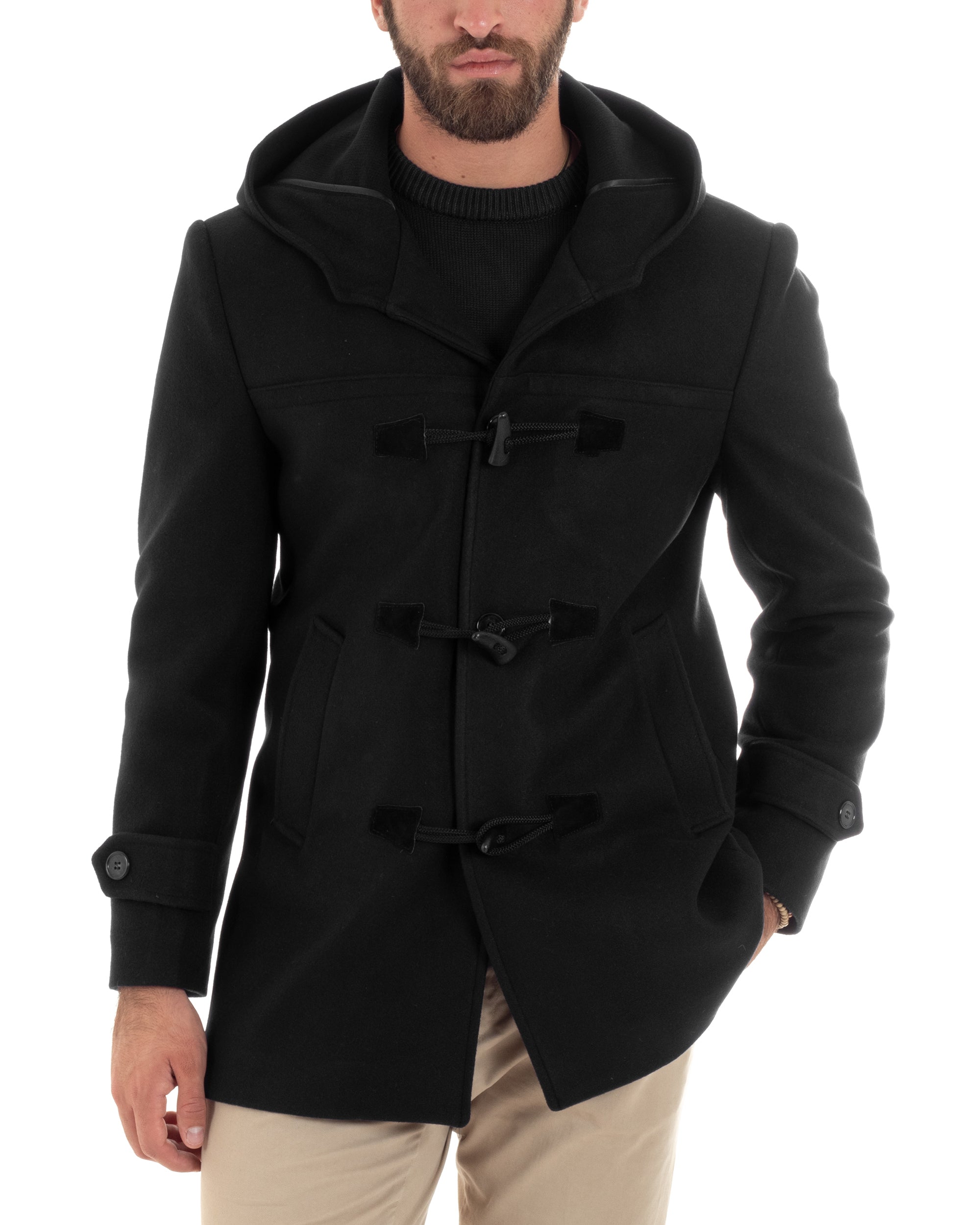 Cappotto Uomo Lana Montgomery Con Alamari E Cappuccio Nero CO1042A