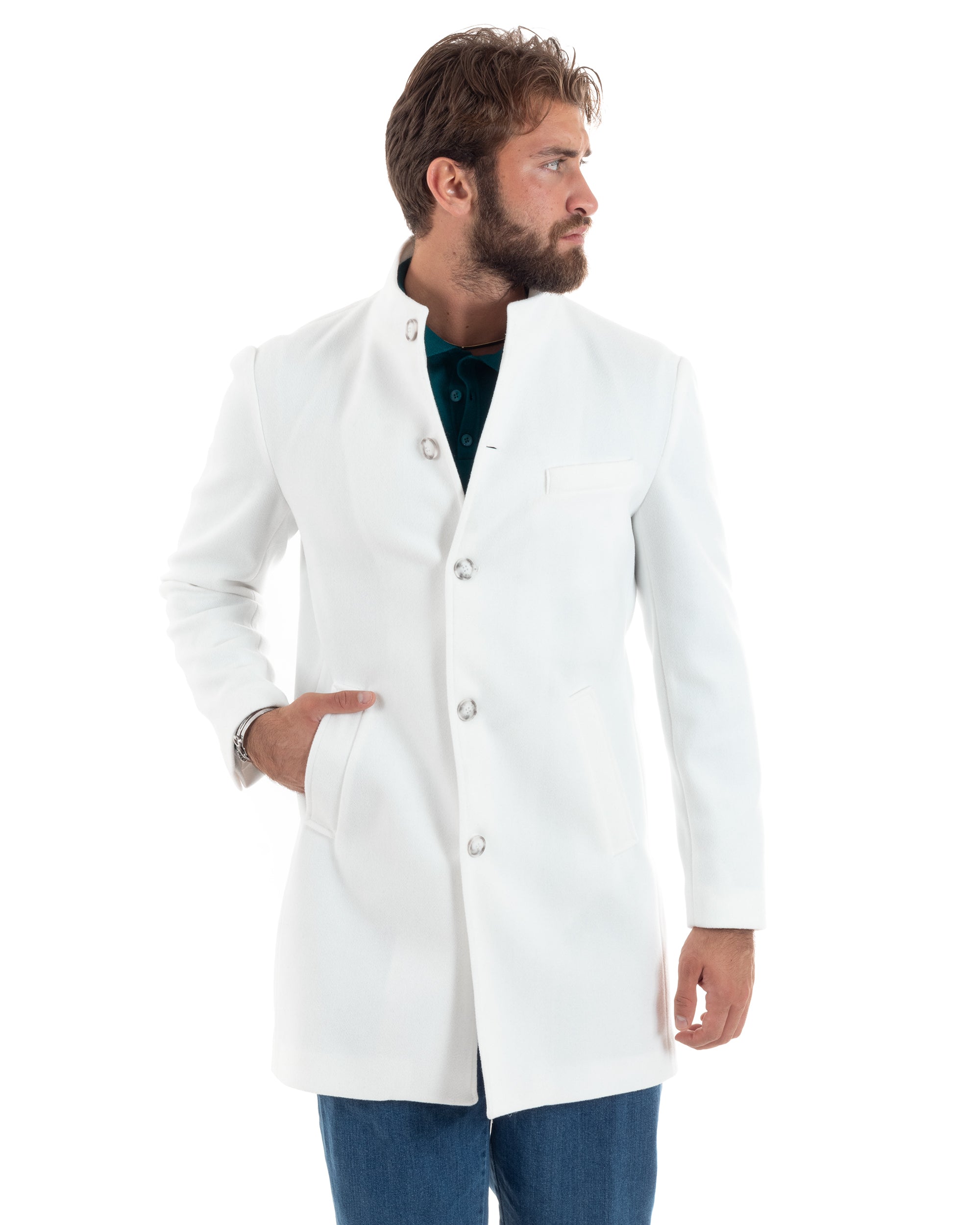 Cappotto Monopetto Uomo Con Collo Coreano Baronetto Elegante Giacca Calda Giaccone Lungo Tinta Unita Bianco GIOSAL-CO1046A