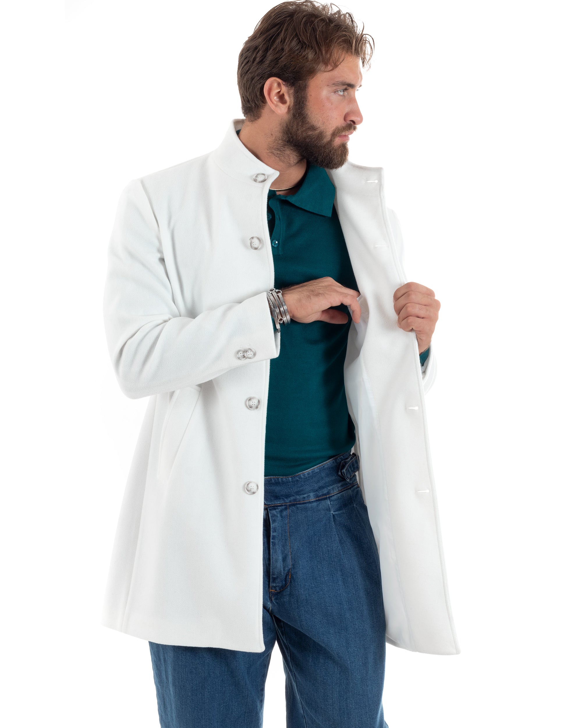 Cappotto Monopetto Uomo Con Collo Coreano Baronetto Elegante Giacca Calda Giaccone Lungo Tinta Unita Bianco GIOSAL-CO1046A