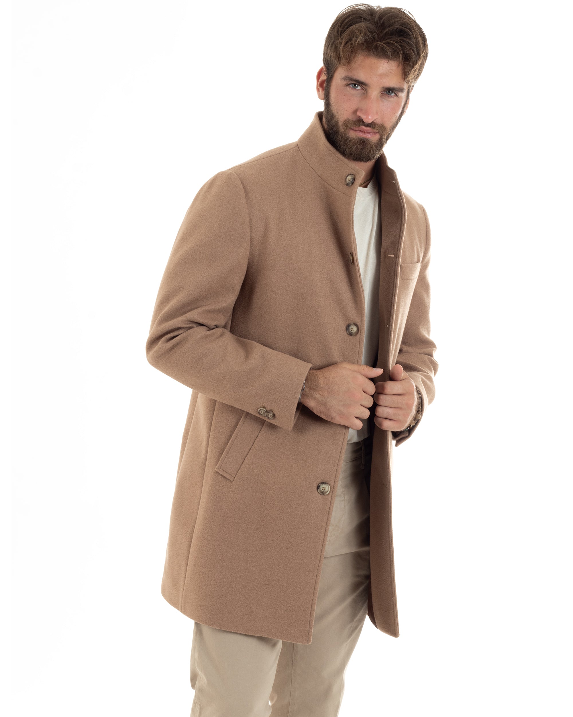 Cappotto Monopetto Uomo Con Collo Coreano Baronetto Elegante Giacca Calda Giaccone Lungo Tinta Unita Camel GIOSAL-CO1047A