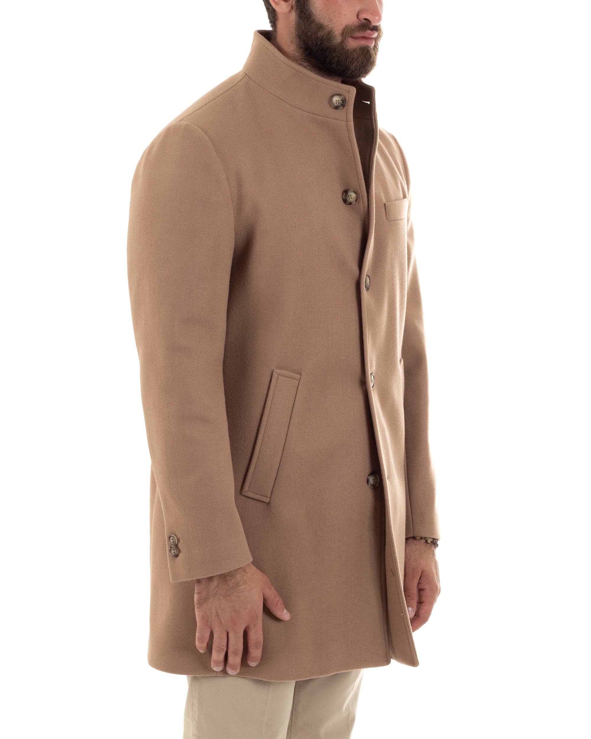 Cappotto Monopetto Uomo Con Collo Coreano Baronetto Elegante Giacca Calda Giaccone Lungo Tinta Unita Camel GIOSAL-CO1047A