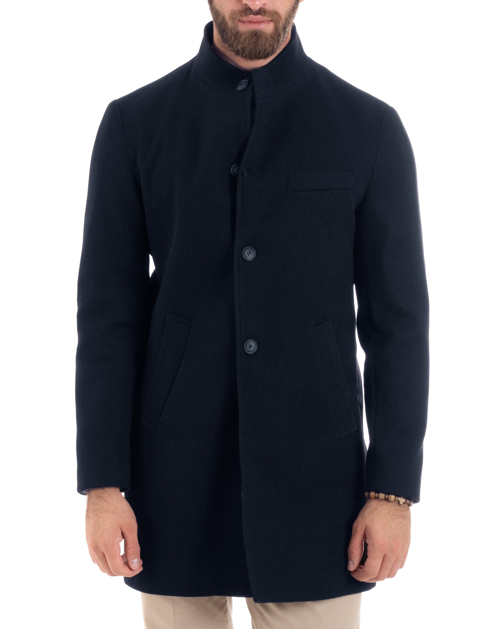 Cappotto Monopetto Uomo Con Collo Coreano Baronetto Elegante Giacca Calda Giaccone Lungo Tinta Unita Blu GIOSAL-CO1048A