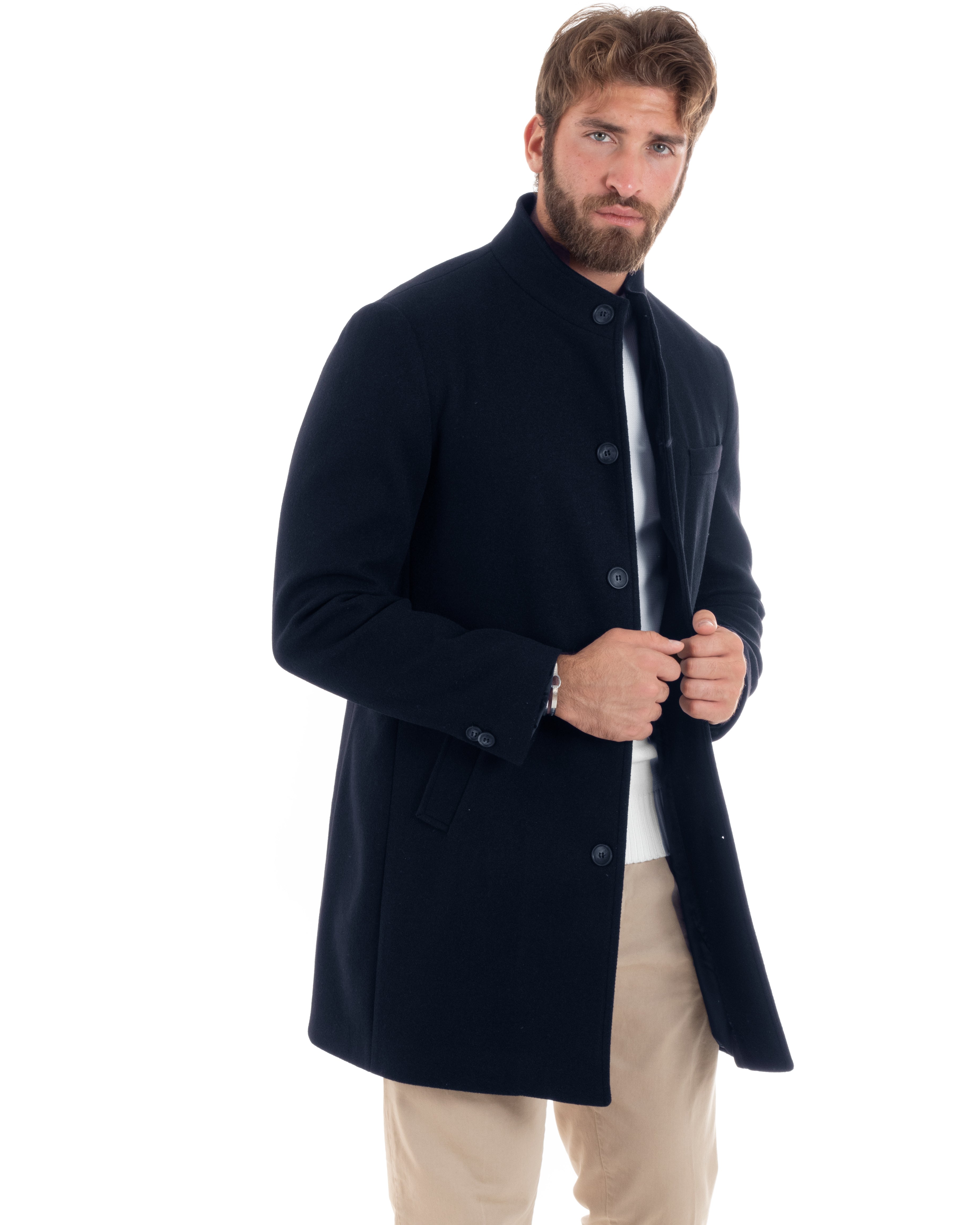 Cappotto Monopetto Uomo Con Collo Coreano Baronetto Elegante Giacca Calda Giaccone Lungo Tinta Unita Blu GIOSAL-CO1048A