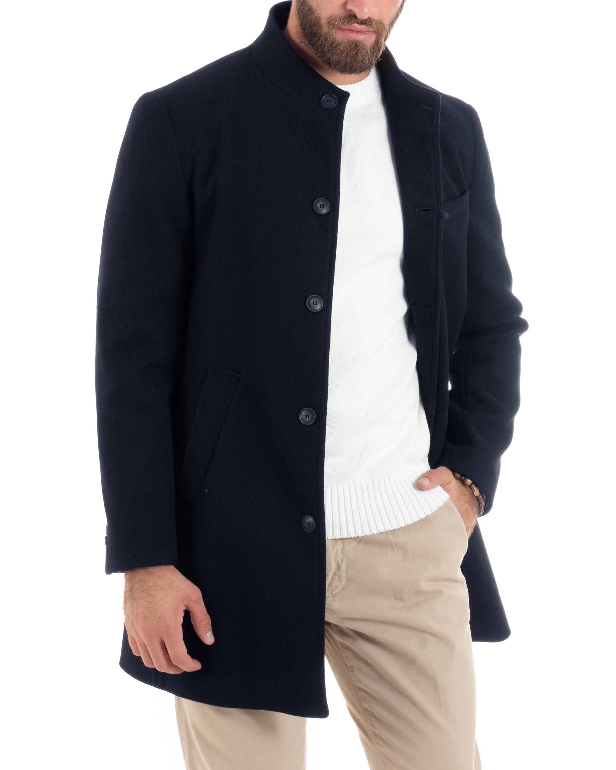 Cappotto Monopetto Uomo Con Collo Coreano Baronetto Elegante Giacca Calda Giaccone Lungo Tinta Unita Blu GIOSAL-CO1048A