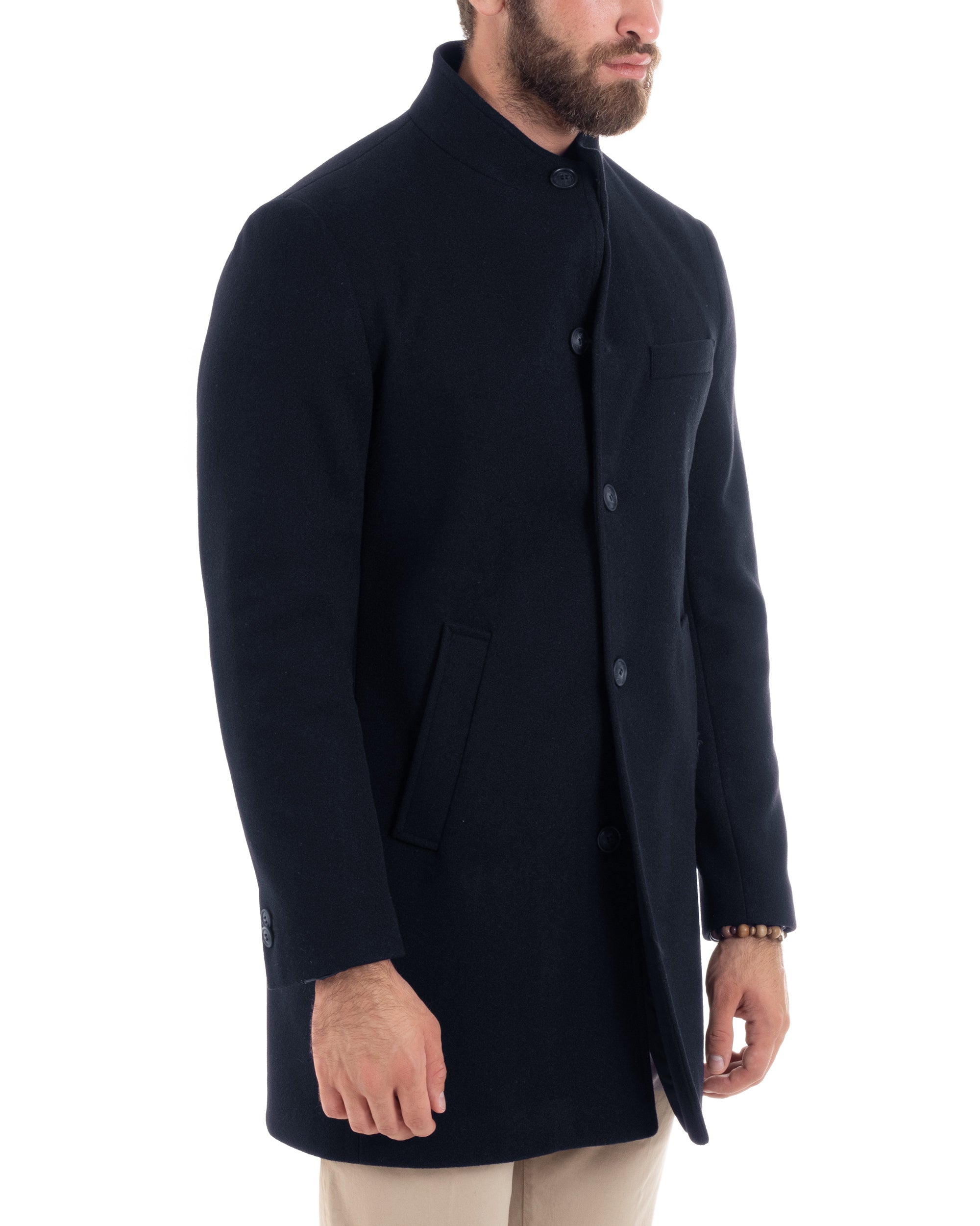 Cappotto Monopetto Uomo Con Collo Coreano Baronetto Elegante Giacca Calda Giaccone Lungo Tinta Unita Blu GIOSAL-CO1048A