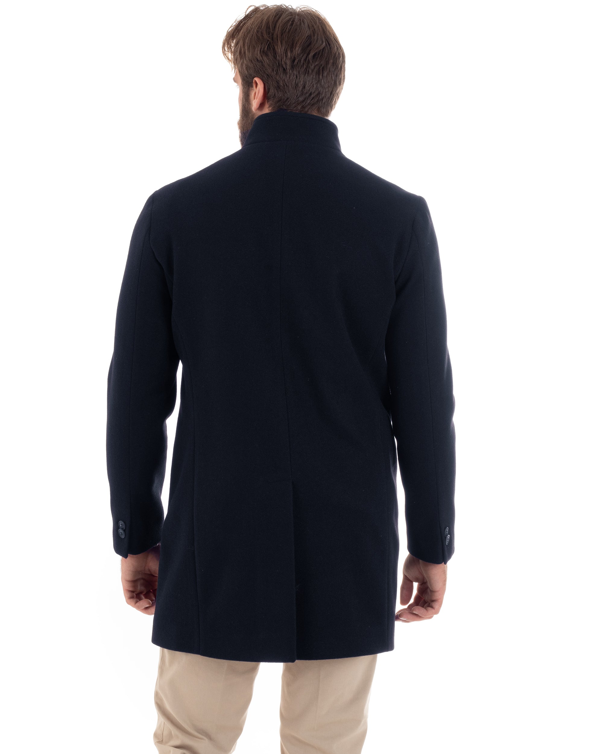 Cappotto Monopetto Uomo Con Collo Coreano Baronetto Elegante Giacca Calda Giaccone Lungo Tinta Unita Blu GIOSAL-CO1048A