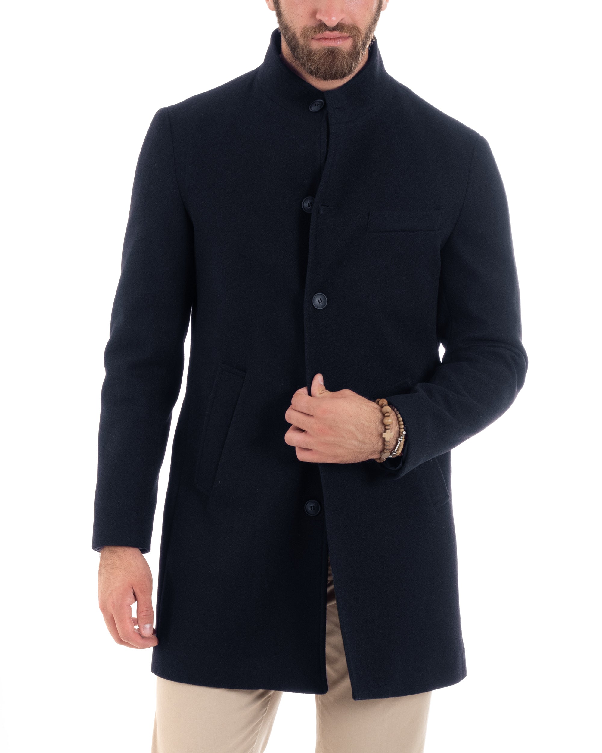 Cappotto Monopetto Uomo Con Collo Coreano Baronetto Elegante Giacca Calda Giaccone Lungo Tinta Unita Blu GIOSAL-CO1048A