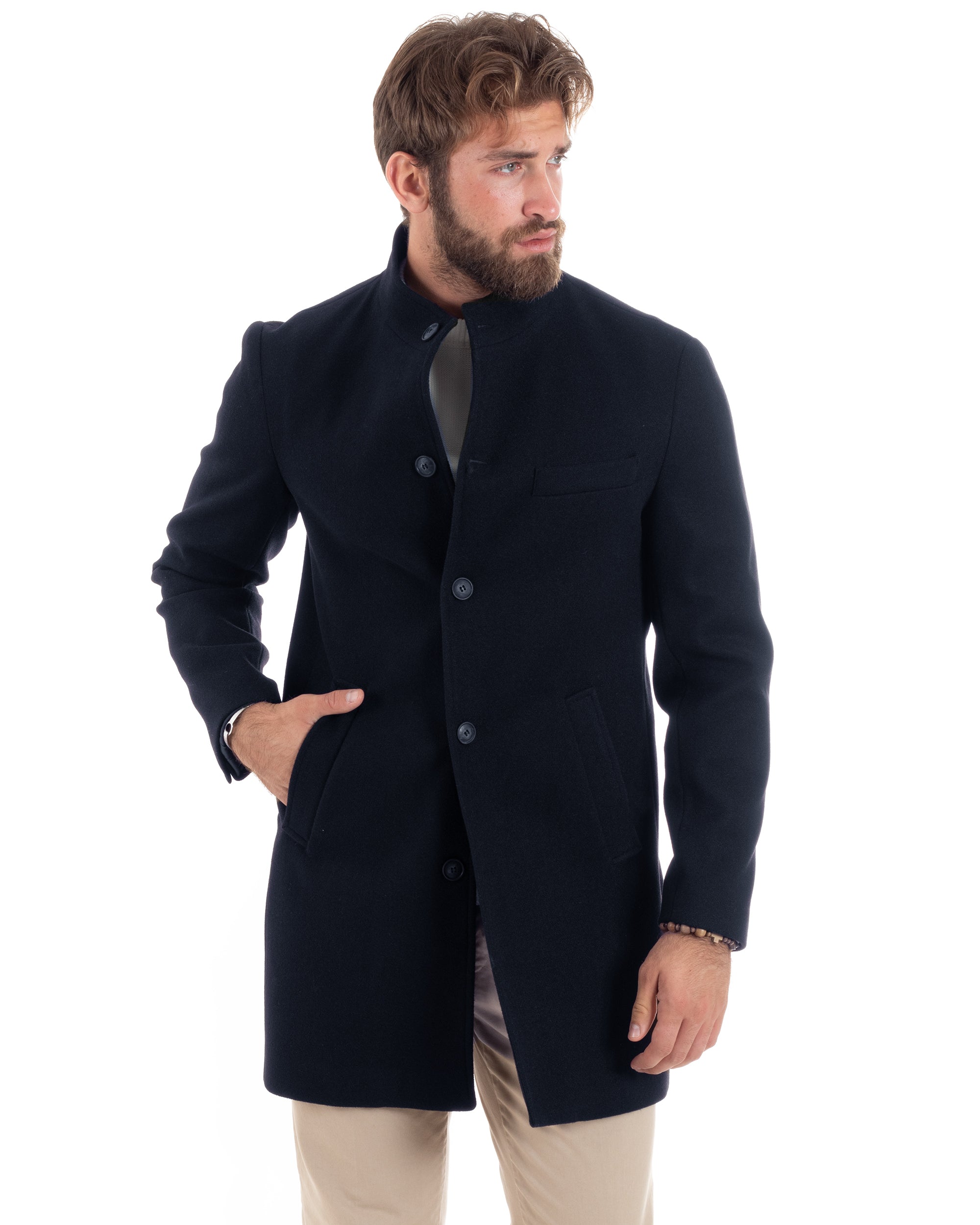 Cappotto Monopetto Uomo Con Collo Coreano Baronetto Elegante Giacca Calda Giaccone Lungo Tinta Unita Blu GIOSAL-CO1048A