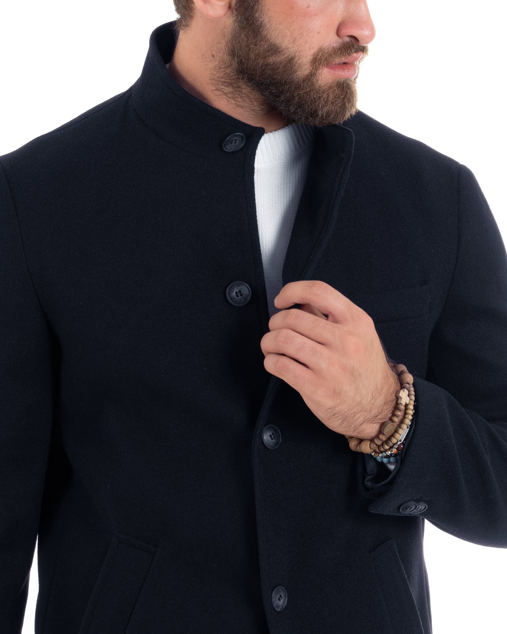 Cappotto Monopetto Uomo Con Collo Coreano Baronetto Elegante Giacca Calda Giaccone Lungo Tinta Unita Blu GIOSAL-CO1048A