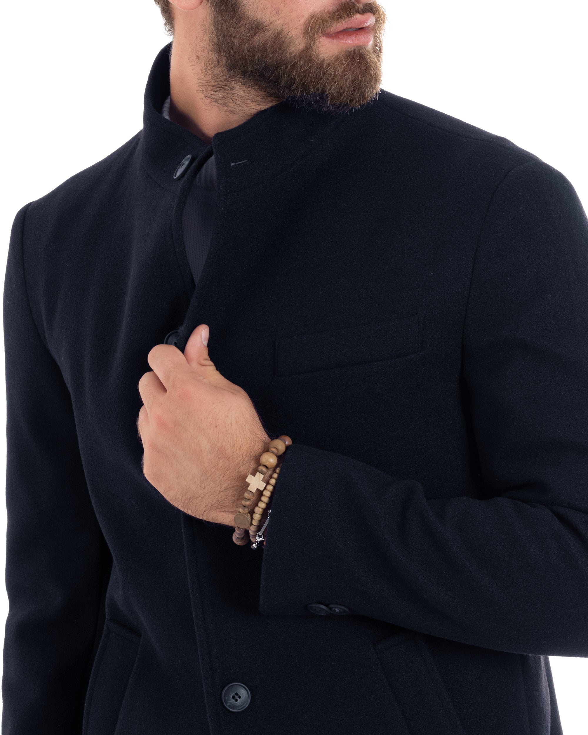 Cappotto Monopetto Uomo Con Collo Coreano Baronetto Elegante Giacca Calda Giaccone Lungo Tinta Unita Blu GIOSAL-CO1048A