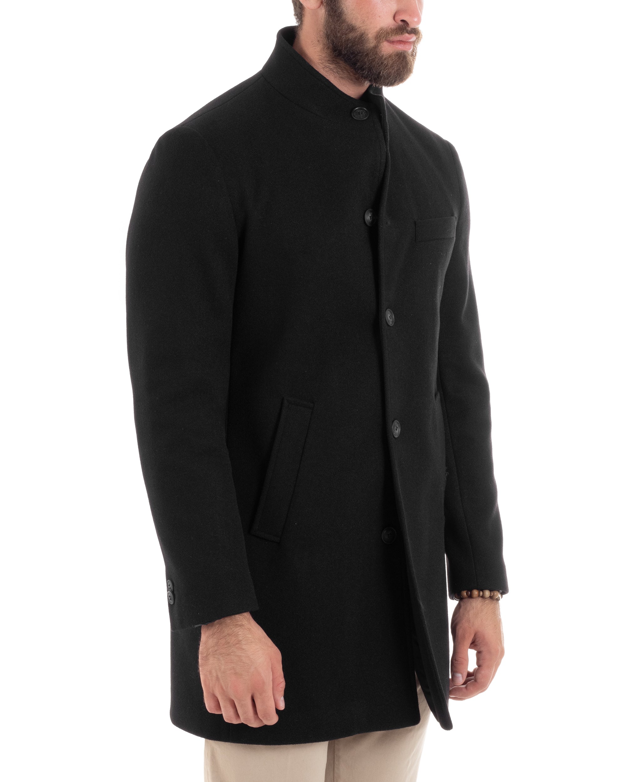 Cappotto Monopetto Uomo Con Collo Coreano Baronetto Elegante Giacca Calda Giaccone Lungo Tinta Unita Nero GIOSAL-CO1050A