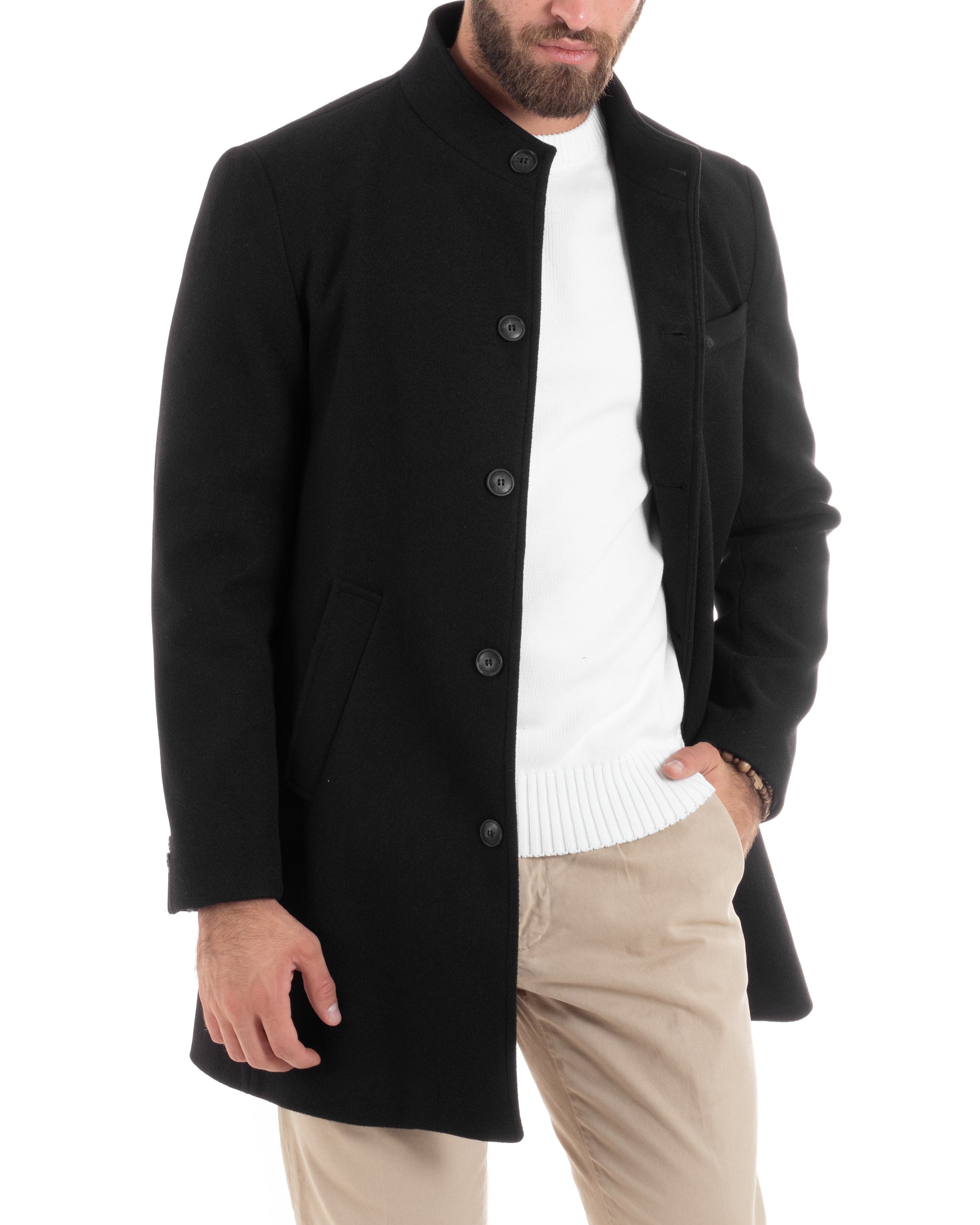 Cappotto Monopetto Uomo Con Collo Coreano Baronetto Elegante Giacca Calda Giaccone Lungo Tinta Unita Nero GIOSAL-CO1050A