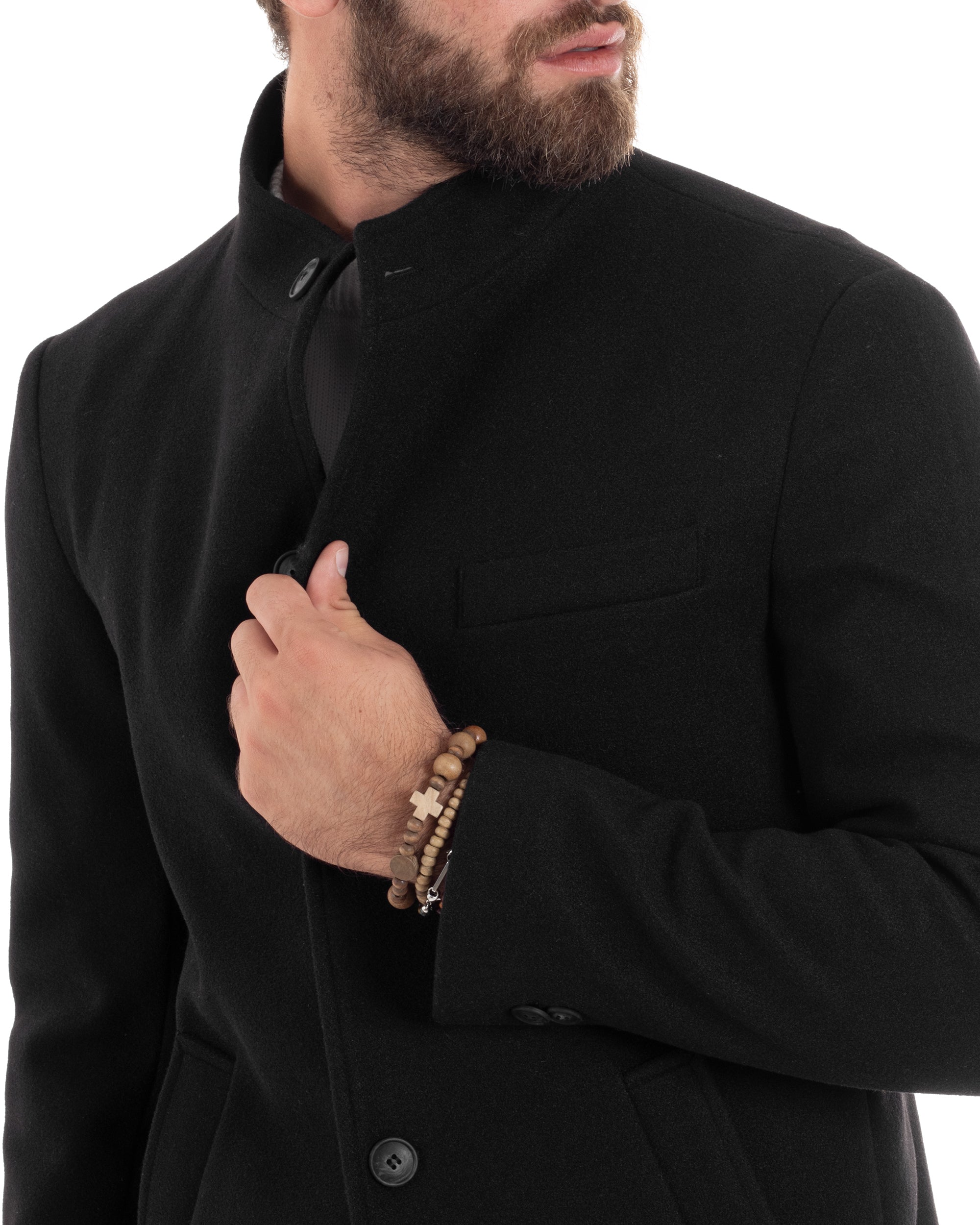 Cappotto Monopetto Uomo Con Collo Coreano Baronetto Elegante Giacca Calda Giaccone Lungo Tinta Unita Nero GIOSAL-CO1050A