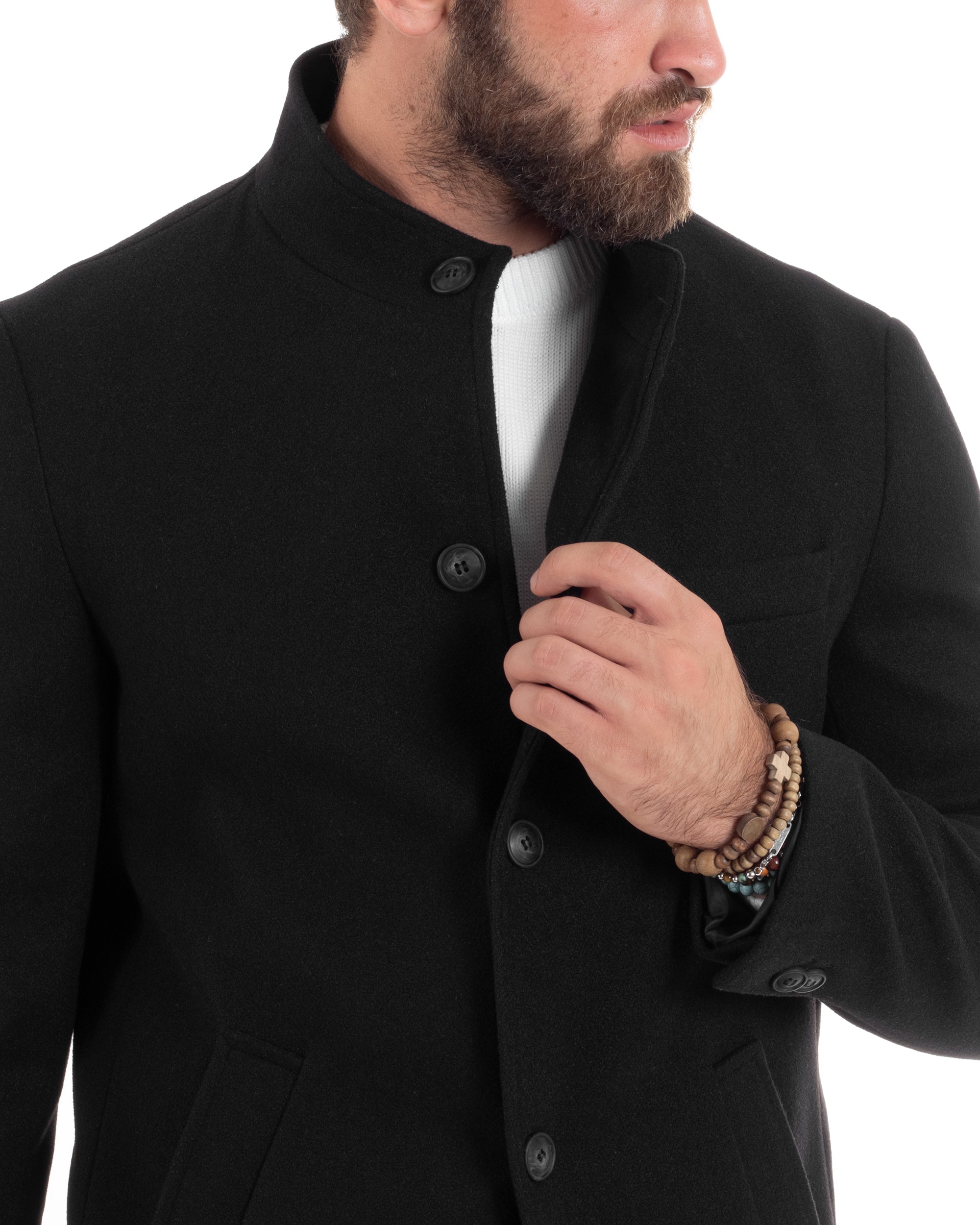 Cappotto Monopetto Uomo Con Collo Coreano Baronetto Elegante Giacca Calda Giaccone Lungo Tinta Unita Nero GIOSAL-CO1050A