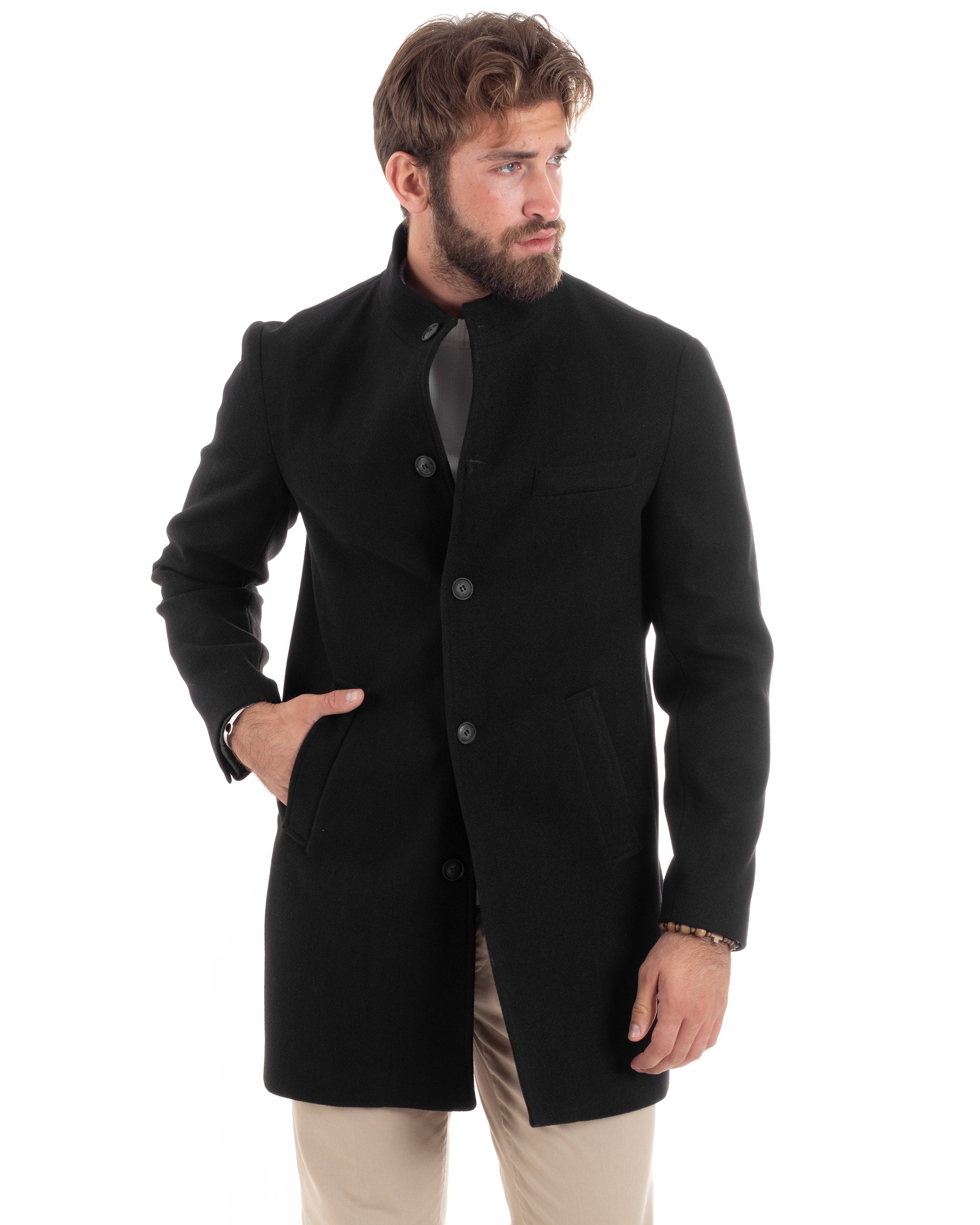 Cappotto Monopetto Uomo Con Collo Coreano Baronetto Elegante Giacca Calda Giaccone Lungo Tinta Unita Nero GIOSAL-CO1050A